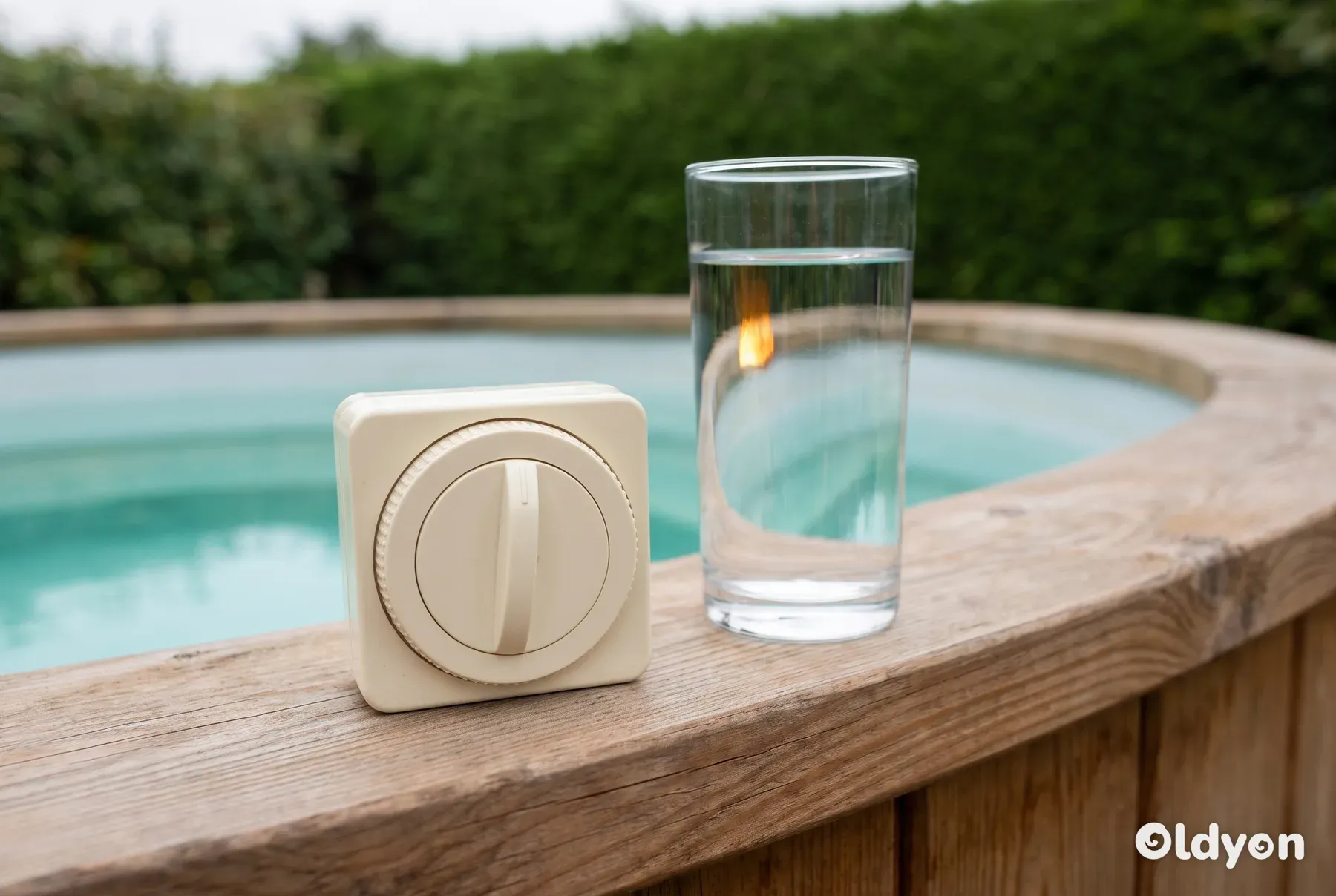 Un semplice timer meccanico e un bicchiere d'acqua sono appoggiati sul bordo in legno di una vasca idromassaggio.
