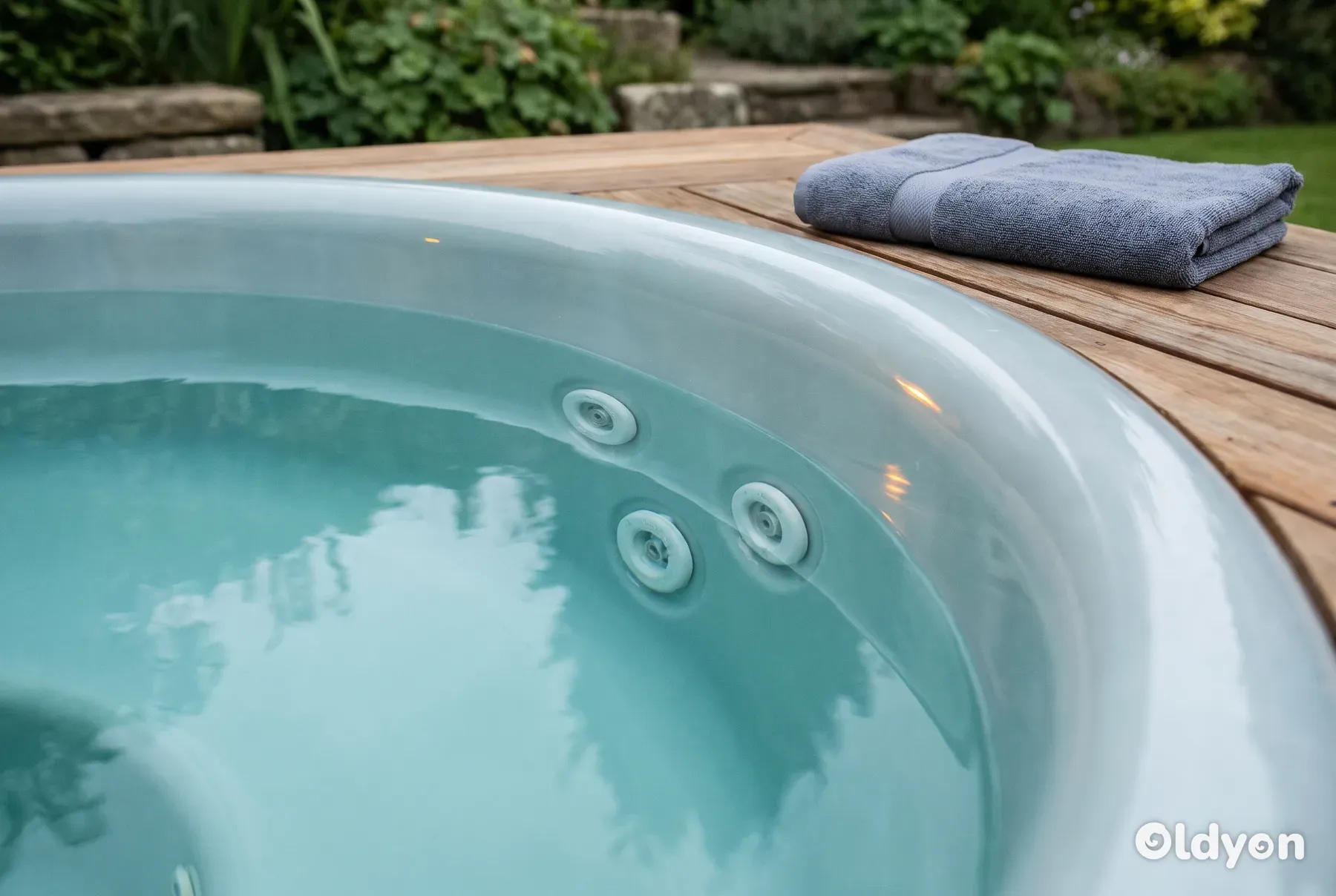 Getti massaggianti sommersi riposano silenziosi sotto l'acqua limpida di una vasca idromassaggio da giardino con bordo in legno.