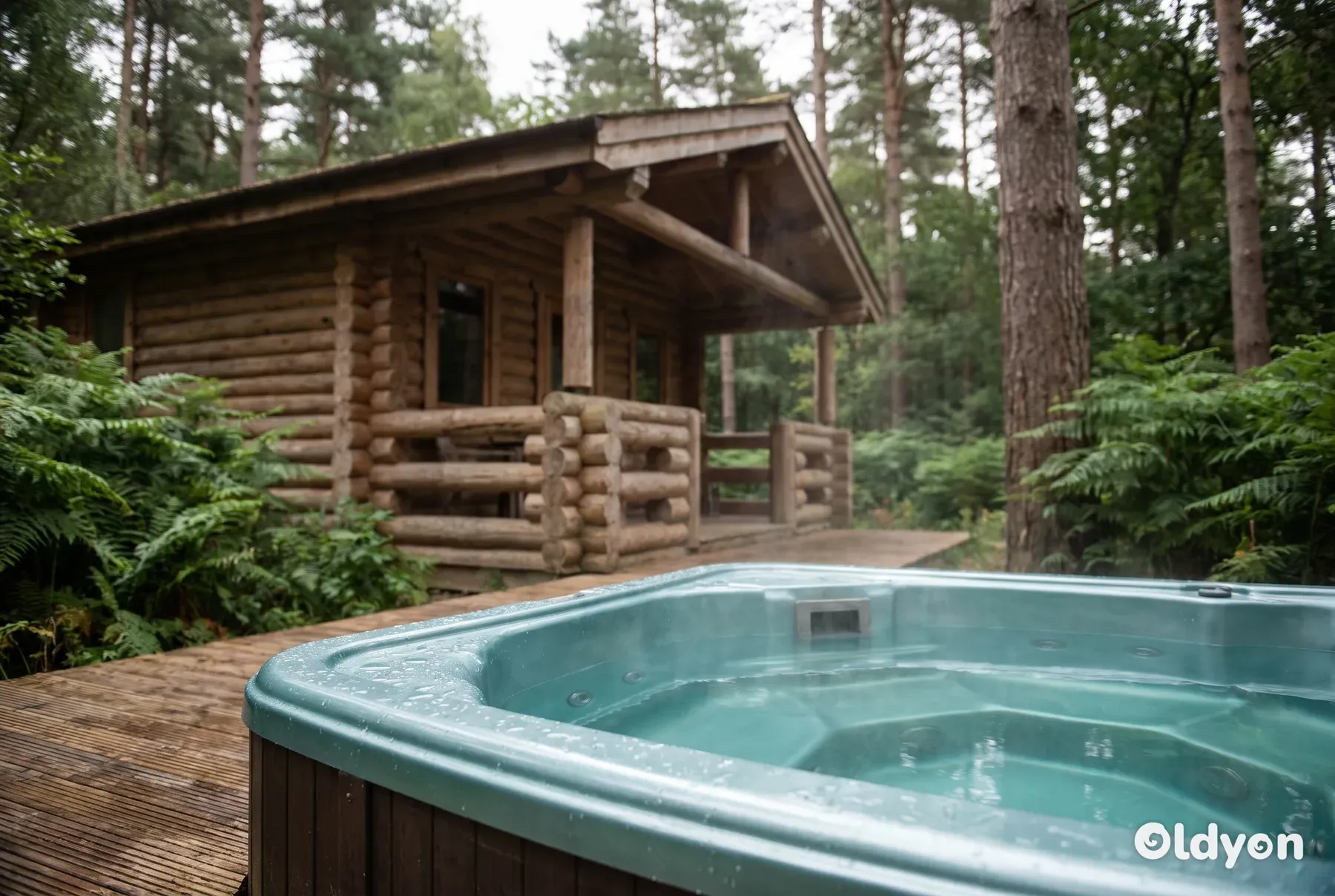 En tradisjonell tømmerhytte i en skog med et dampende boblebad på terrassen.