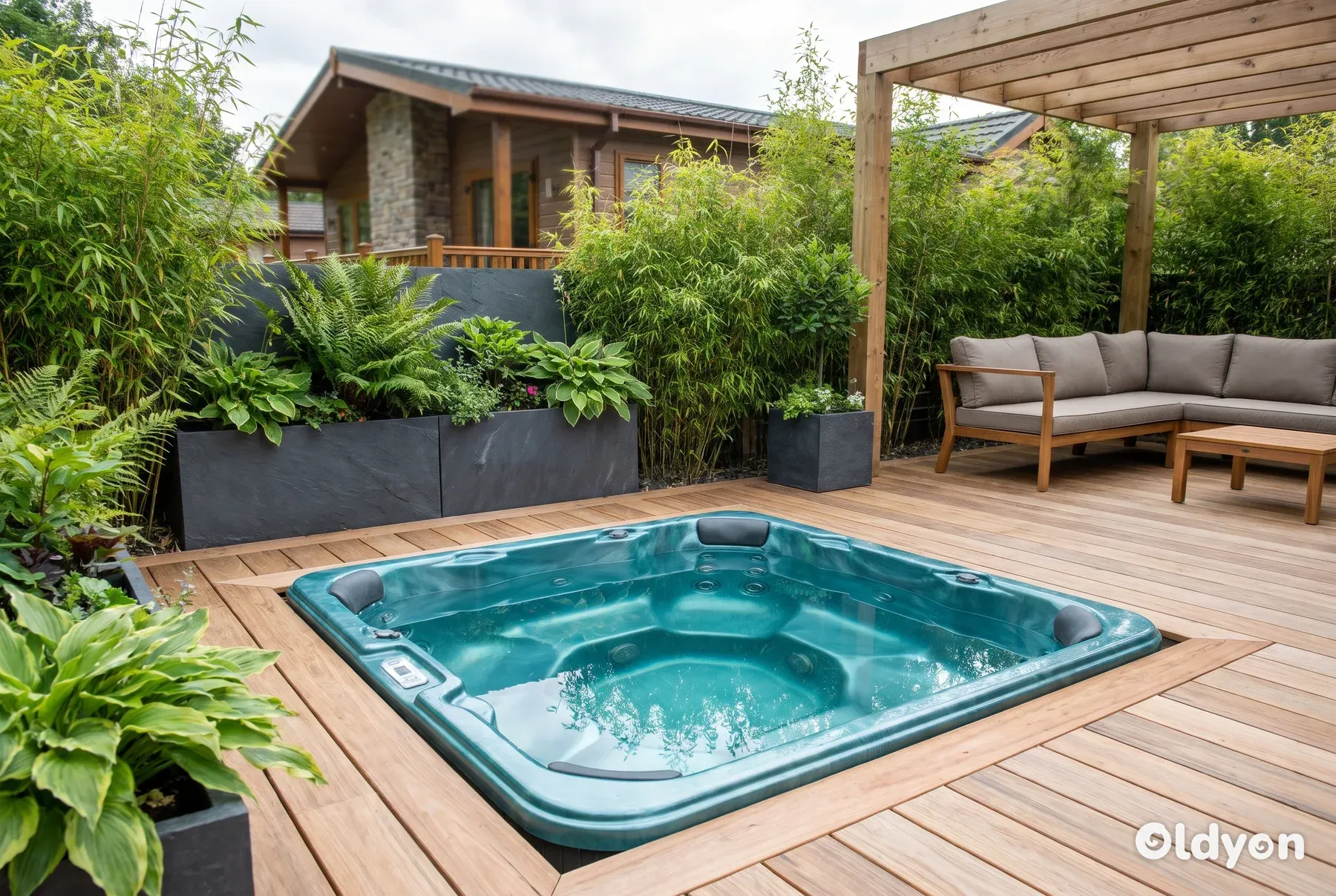 Et luksuriøst, nedsenket boblebad omgitt av levegger og terrasse ved en moderne feriehytte.