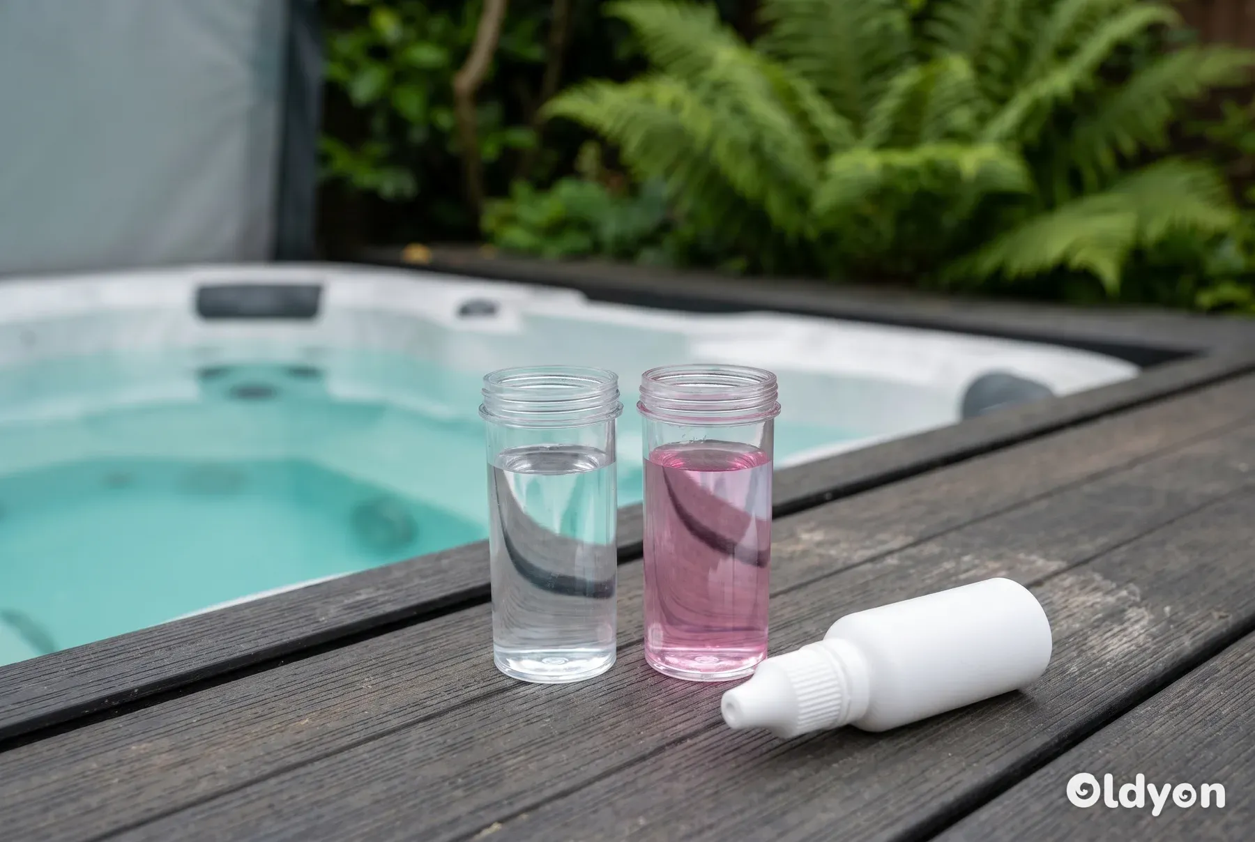 To små testglas af plastik står på et kompositdæk ved siden af en almindelig hvid dråbeflaske.