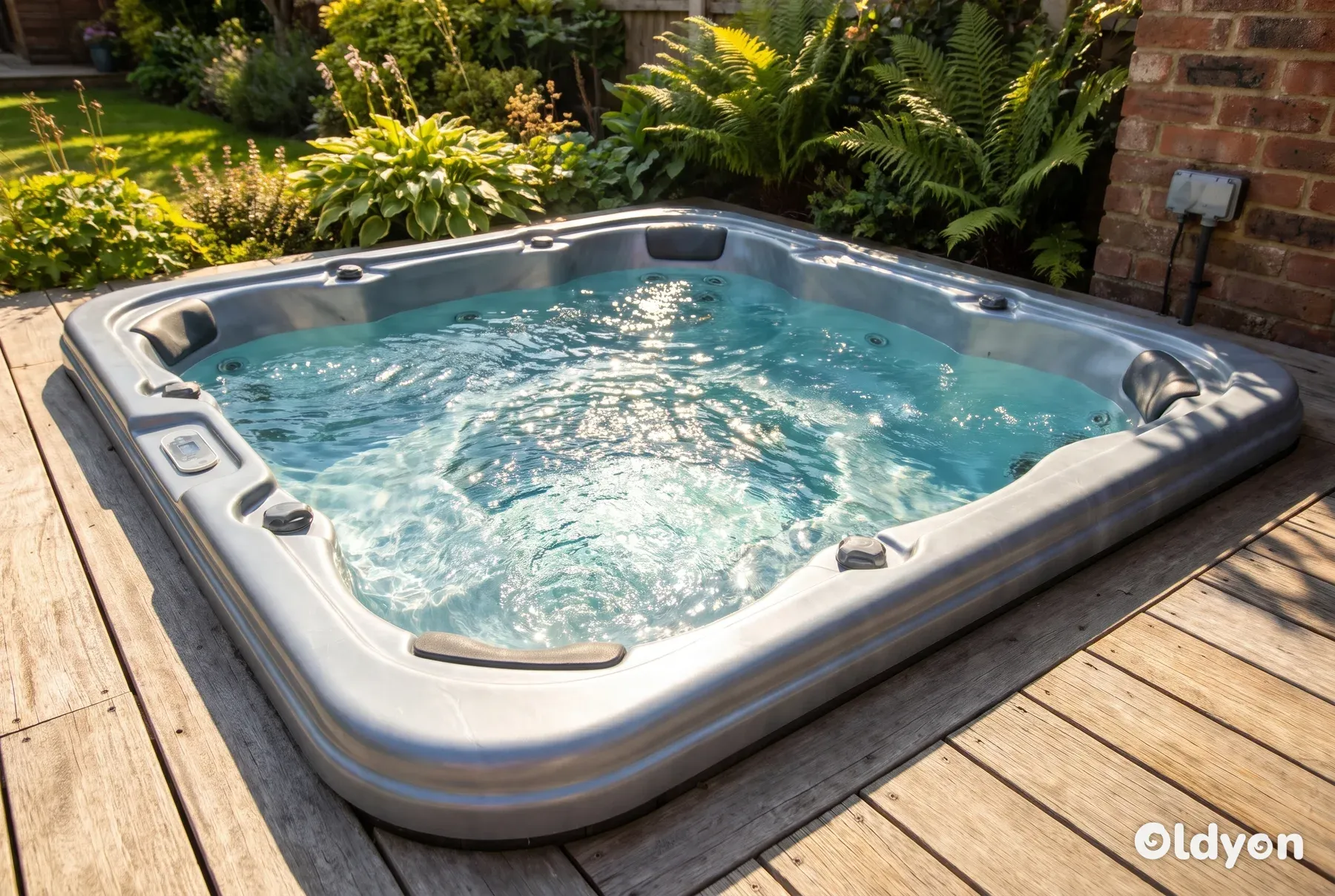 Fel zonlicht schijnt direct op het heldere, kabbelende water van een open hot tub in een tuin.