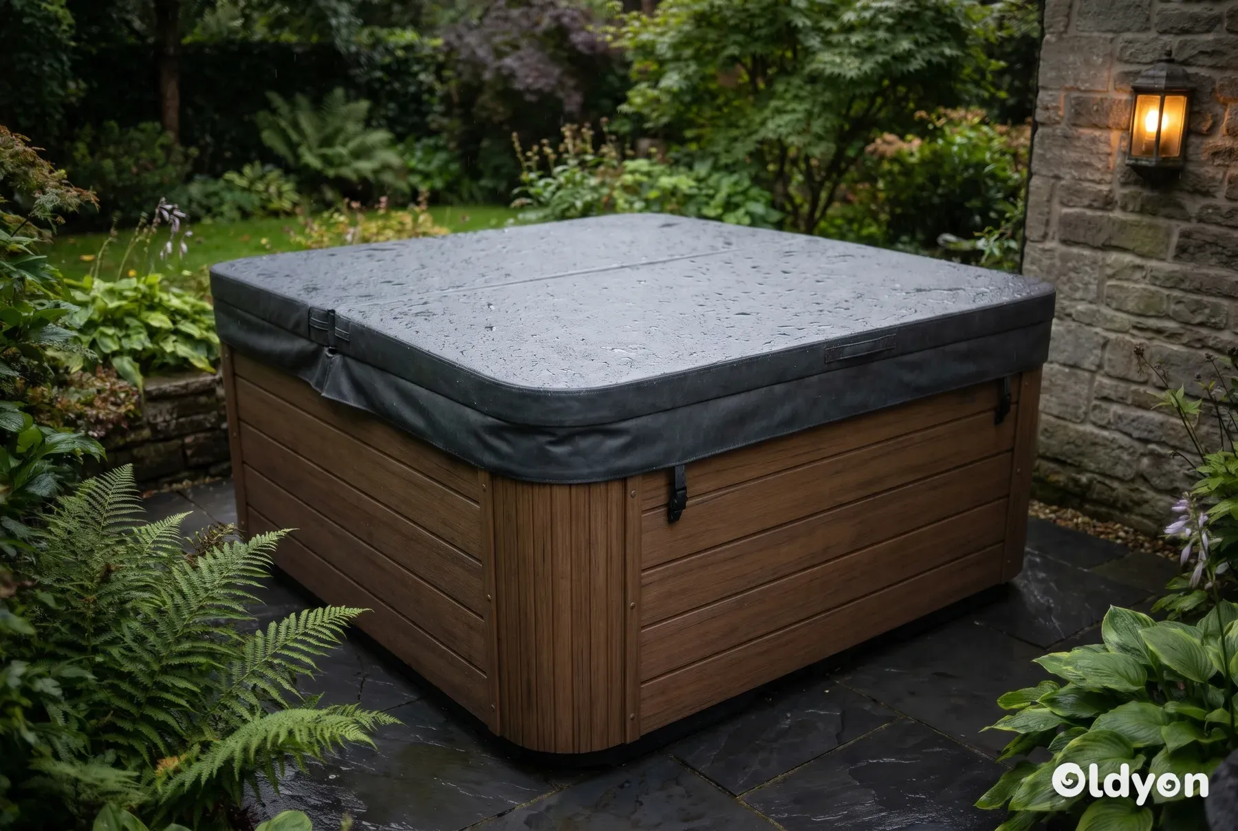 Een hot tub in de tuin waarvan de dikke thermische cover volledig gesloten is om al het natuurlijke zonlicht buiten te houden.