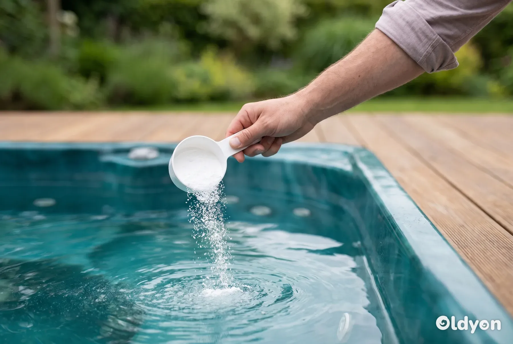 Een hand gebruikt een eenvoudig plastic schepje om witte chemische korrels in helder hot tub-water te strooien.