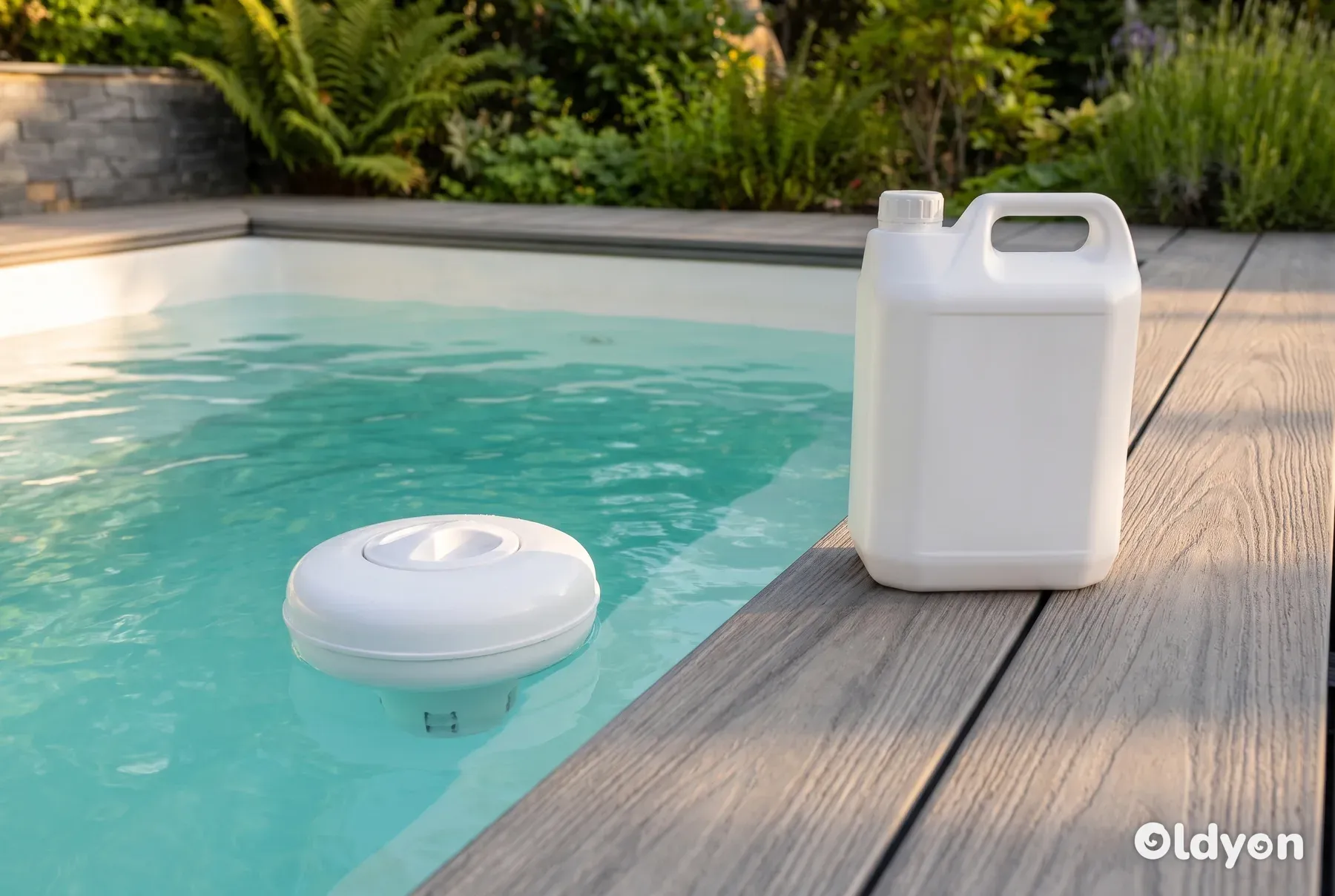 Een effen witte drijvende dispenser ligt in het water in de buurt van een plastic kan zonder etiket op de vlonder.