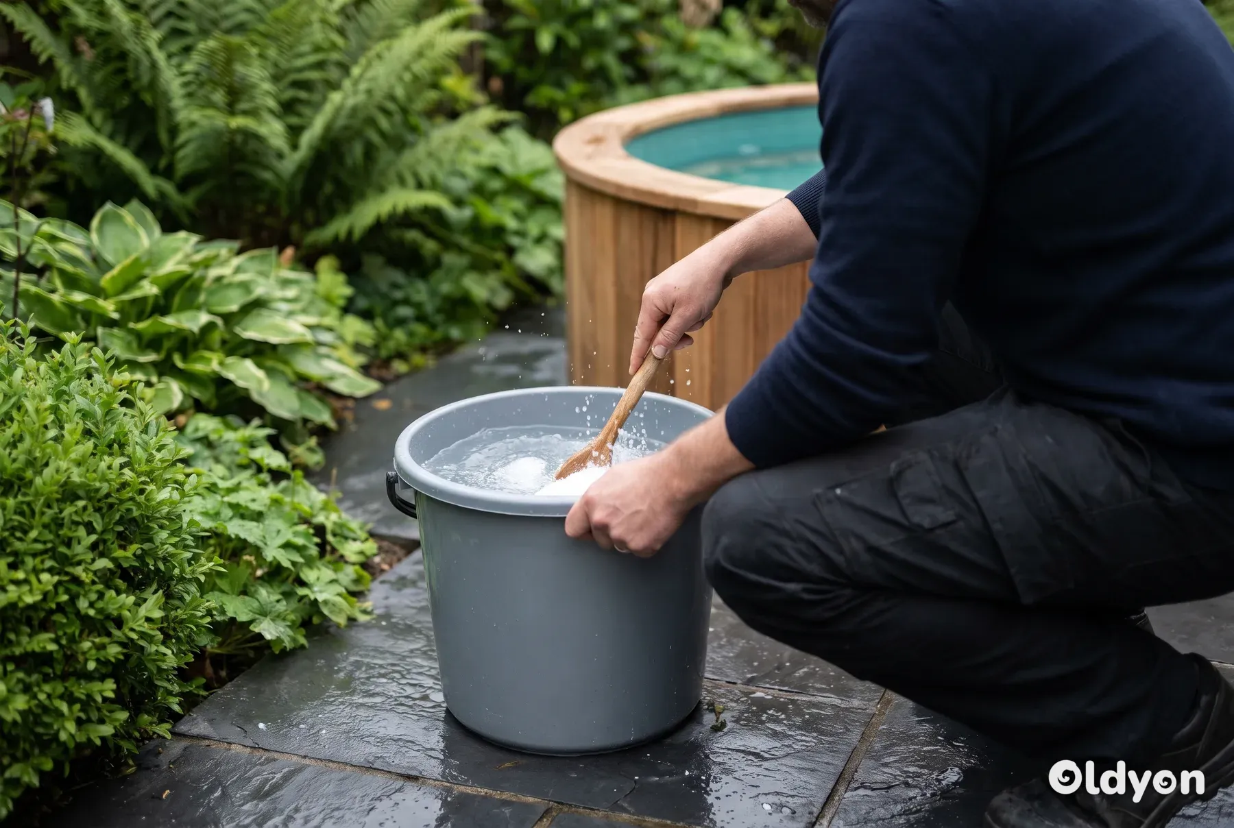 Een persoon hurkt op een terras om witte korrels in een gewone emmer water te mengen.