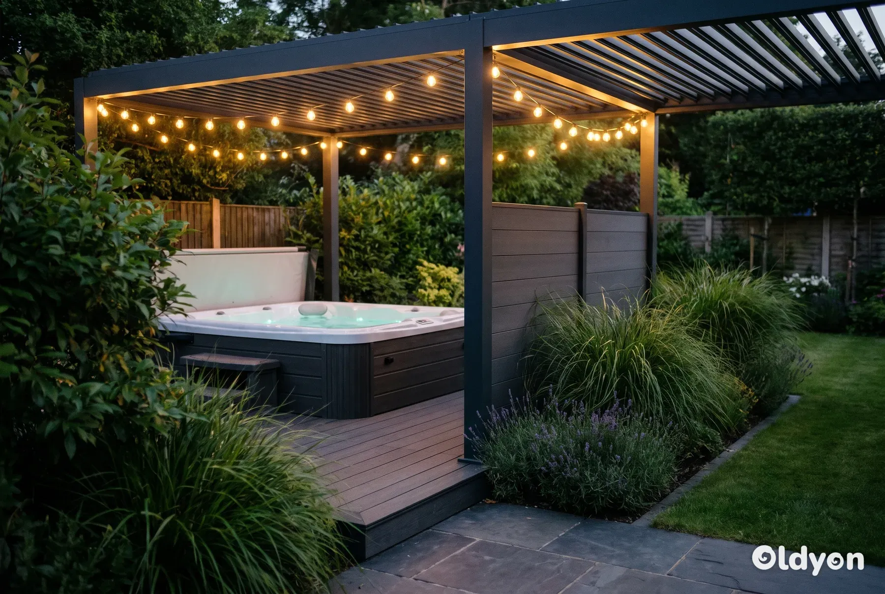 Ljusslingor som lyser över ett mörkt spabadsdäck i komposit med en pergola och insynsskydd