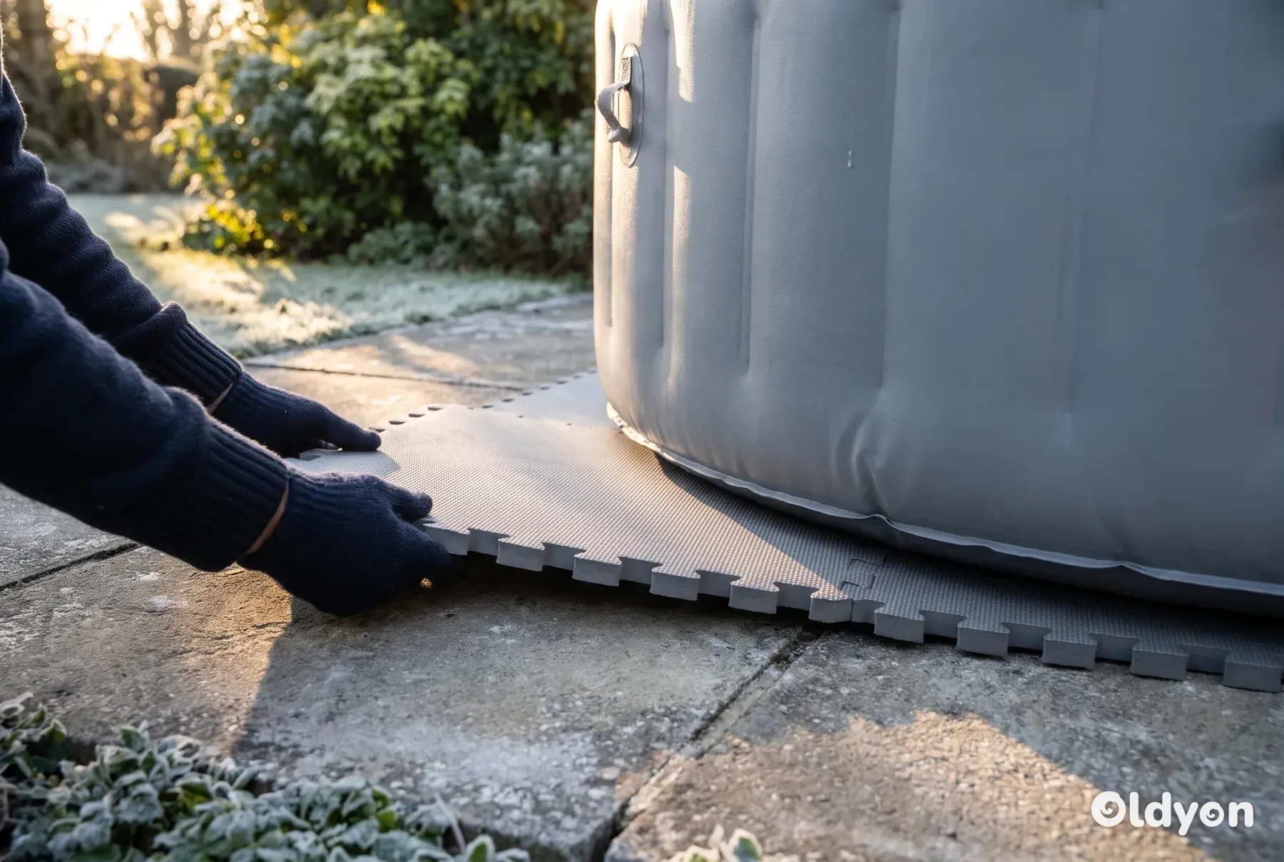Sammenkoblede isoleringsmåtter af skum skubbes ind under et gråt, oppusteligt spabad på en frostklar terrasse.