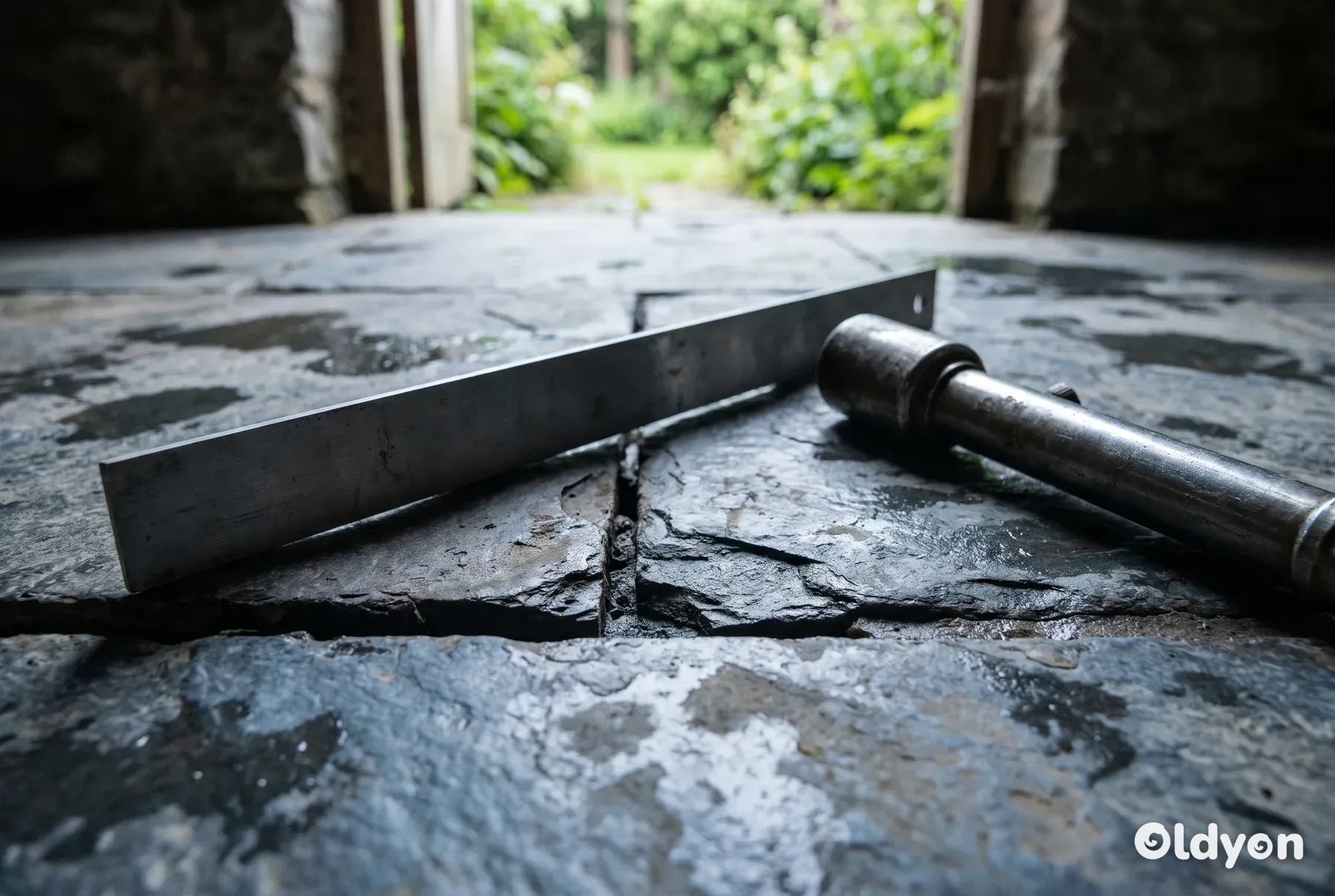 En enkel retskinne af metal og en tung lommelygte ligger på et revnet og fugtigt kældergulv af skifer.