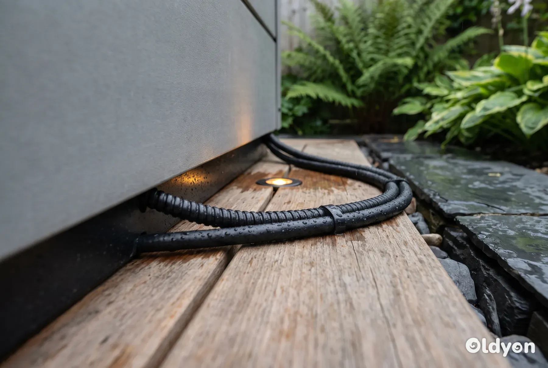 Et tykt sort elkabel ligger pænt på en haveterrasse af cedertræ ved siden af et gråt spabad.