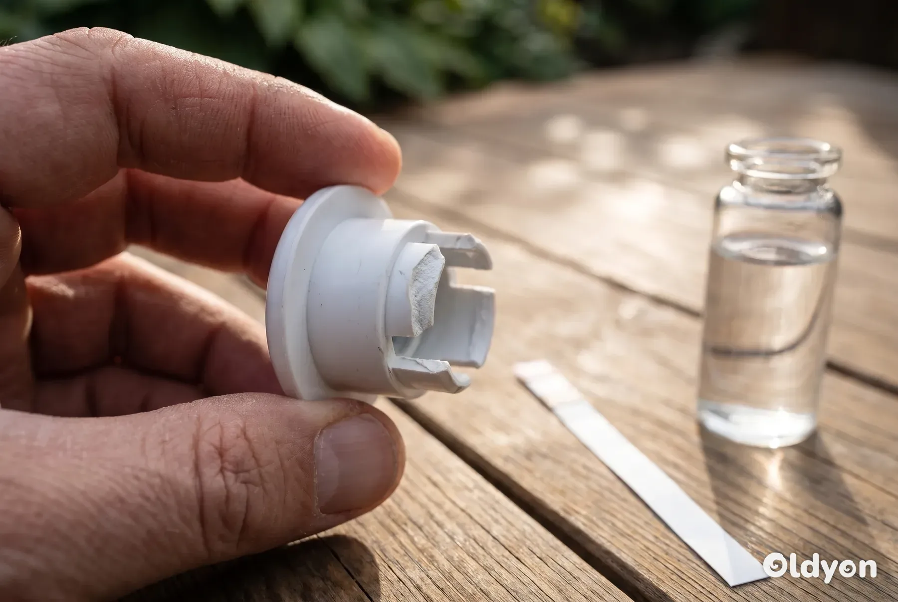 Et nærbillede af en spadyseindsats, der viser en knækket låsetap af plast.