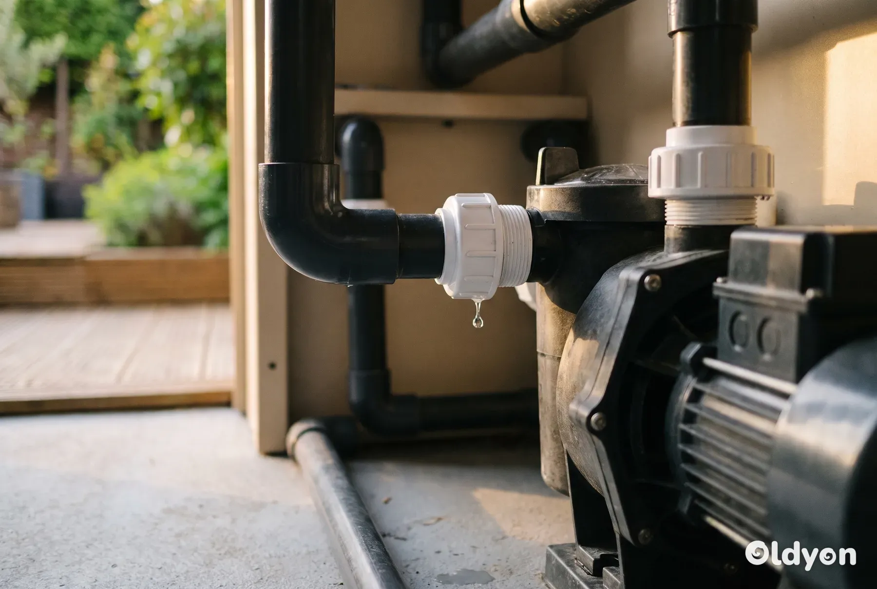 Un dettaglio ravvicinato all'interno del vano tecnico di una vasca idromassaggio che mostra una goccia d'acqua su un raccordo idraulico allentato.