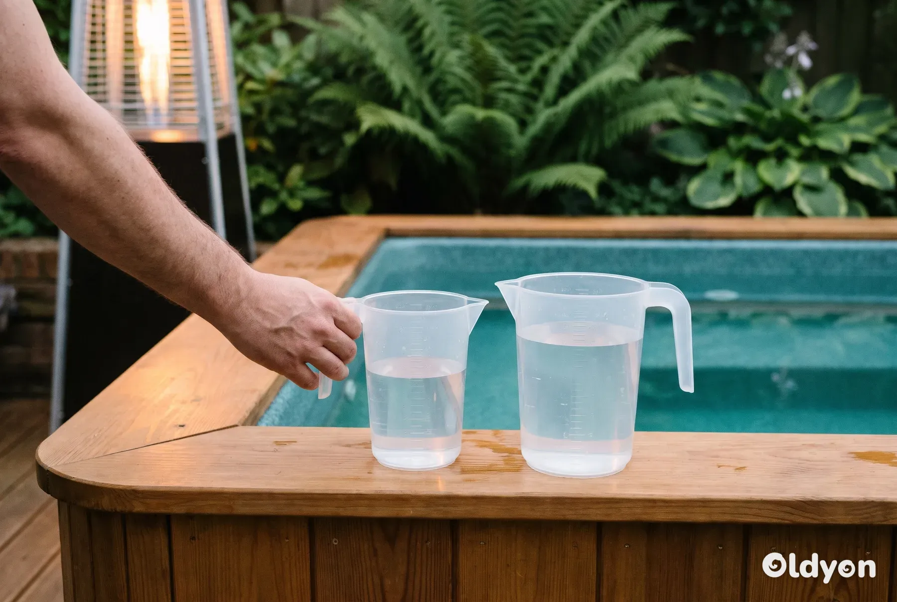 To gjennomsiktige målekanner av plast i ulike størrelser står på trekanten til et spabad.