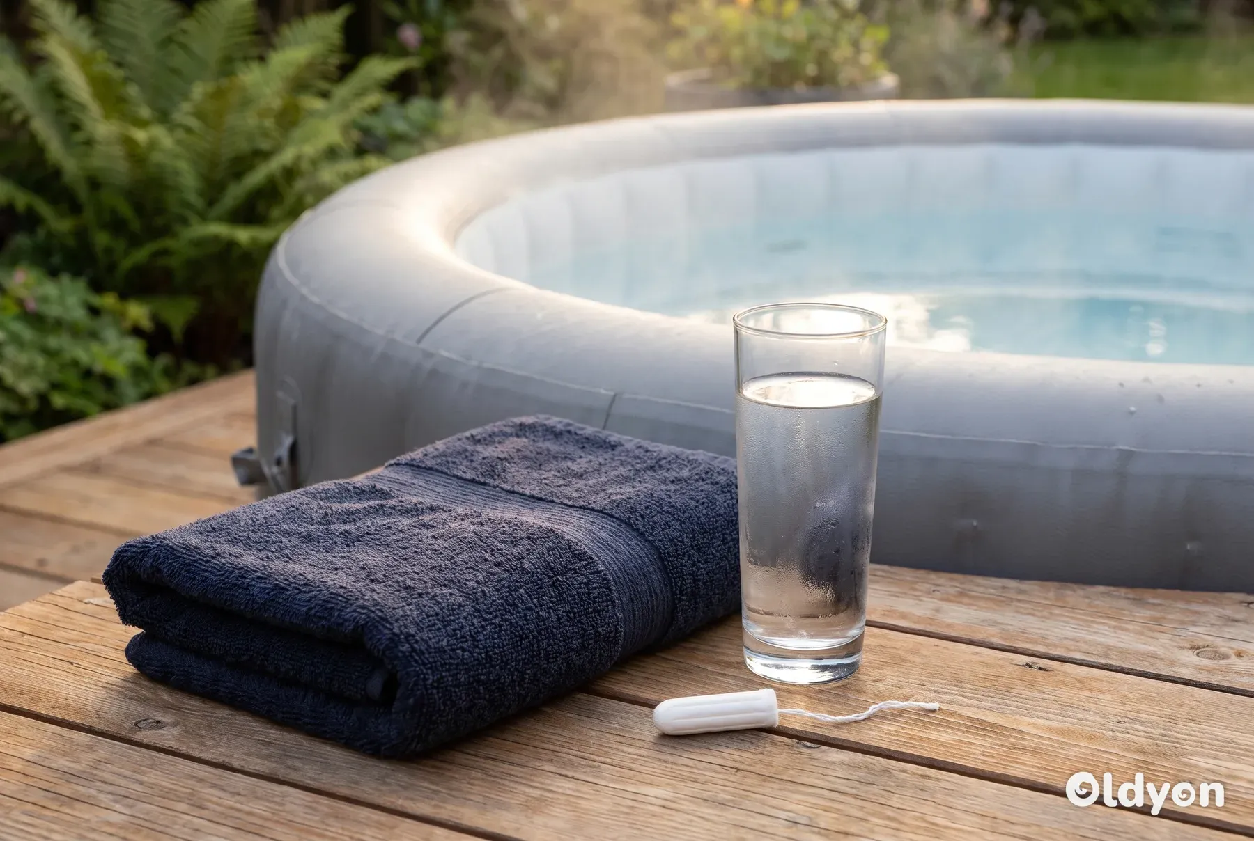 Un asciugamano scuro piegato, un bicchiere d'acqua e un assorbente interno senza marchio appoggiati su una pavimentazione in legno.