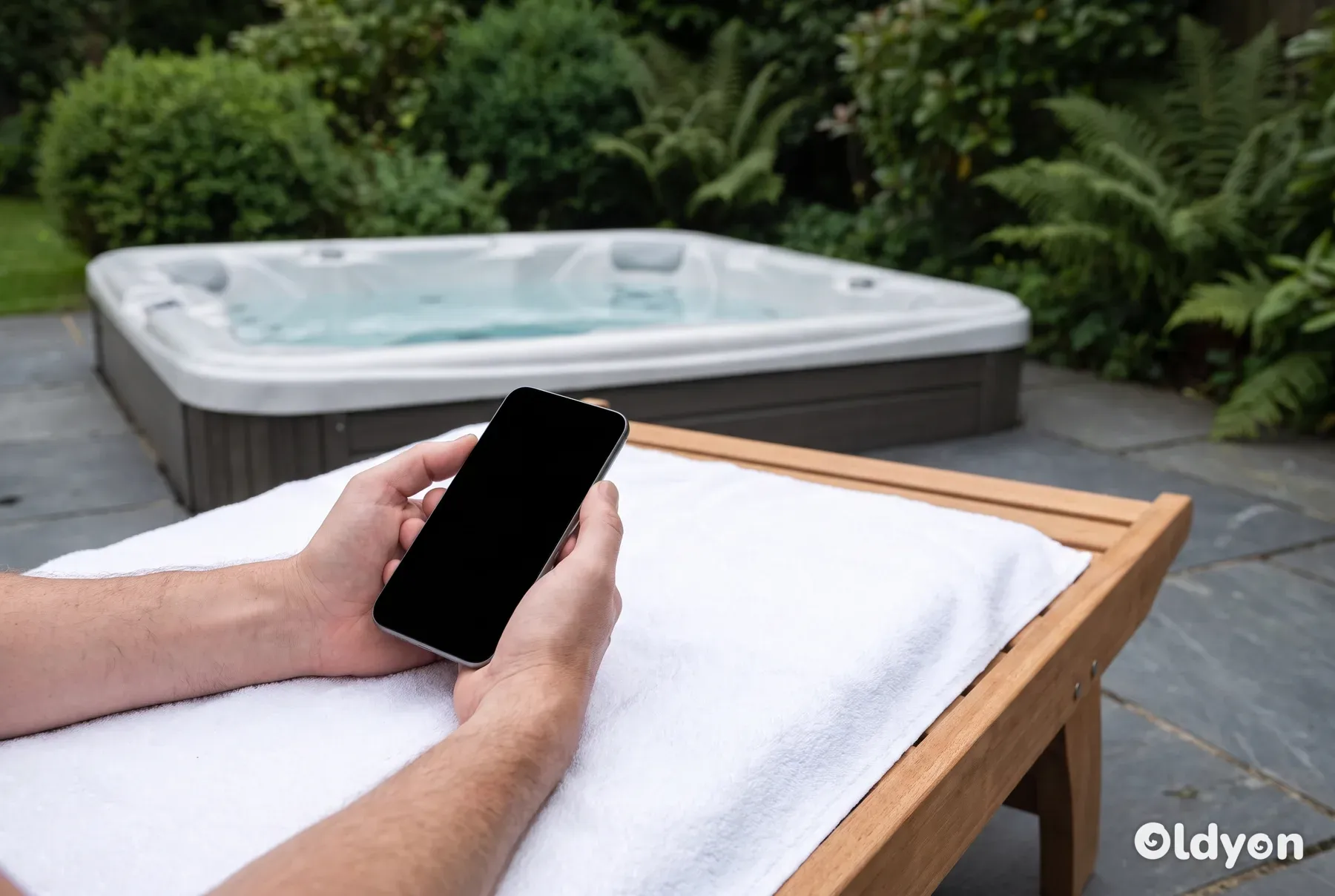 En person kopplar av på en solsäng i trädgården nära ett spabad och håller i en vanlig mobiltelefon.