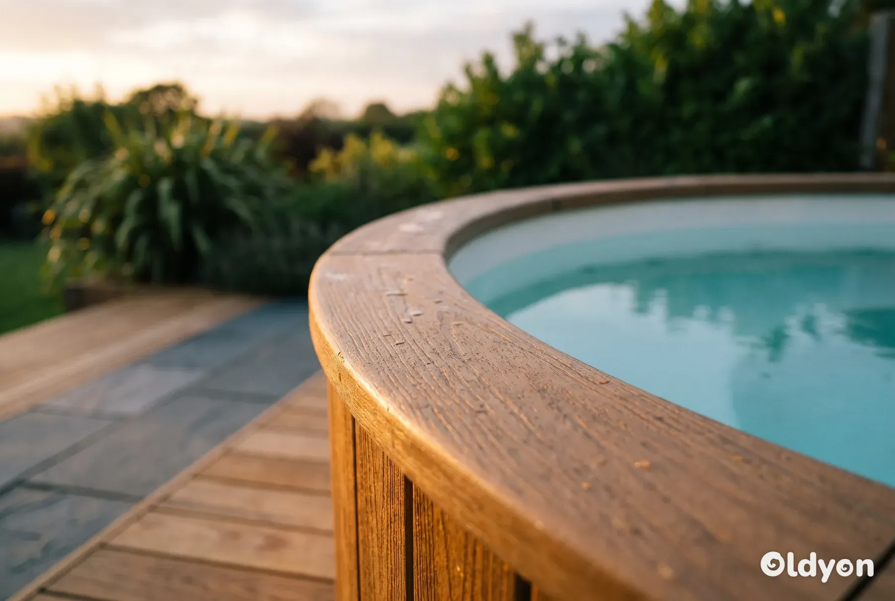 Una vista ravvicinata del bordo vuoto di una vasca idromassaggio in materiale composito accanto all'acqua calma in un giardino britannico.
