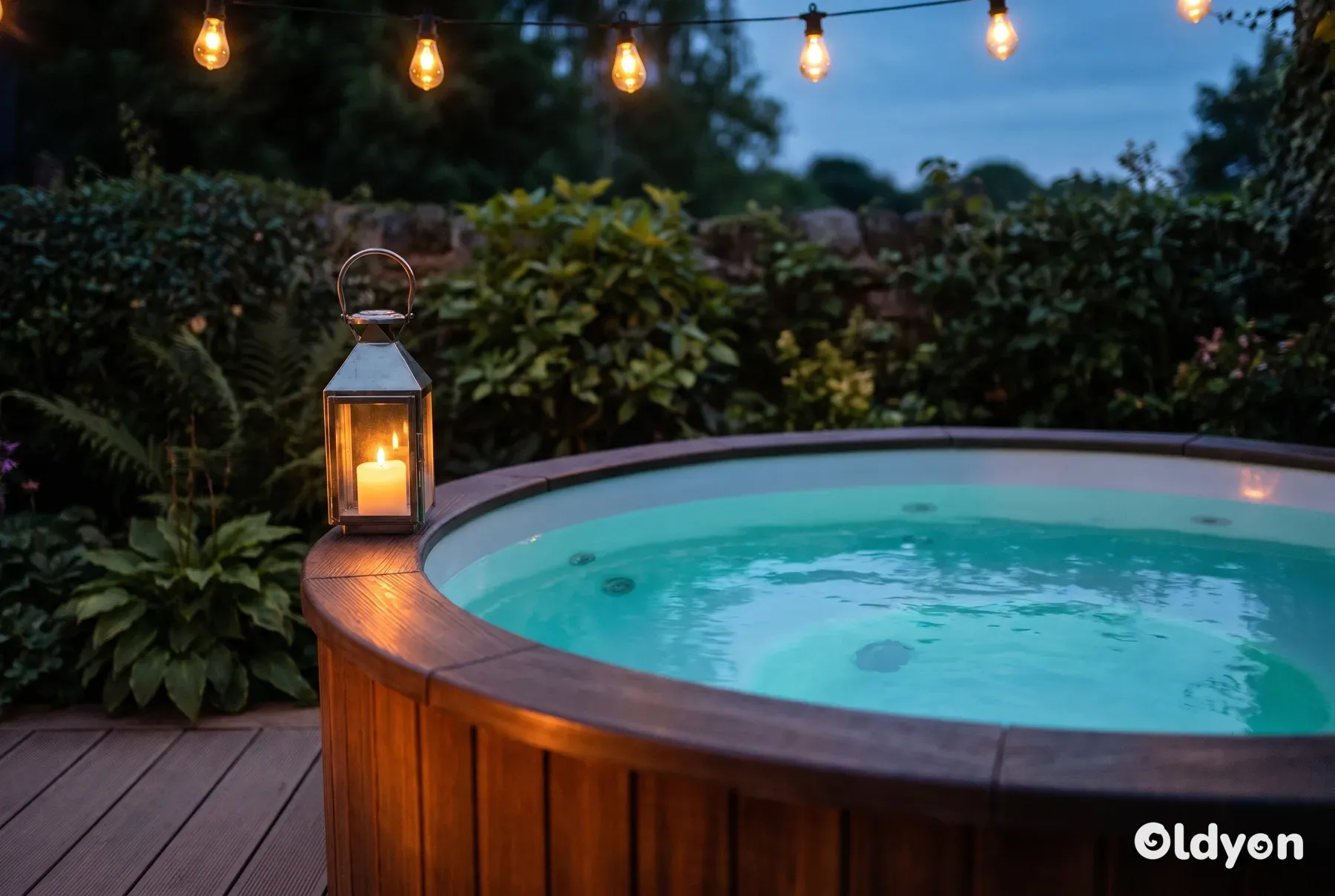 Fili di luci calde e una lanterna da terra illuminano una vasca idromassaggio da giardino sotto un cielo serale blu intenso.
