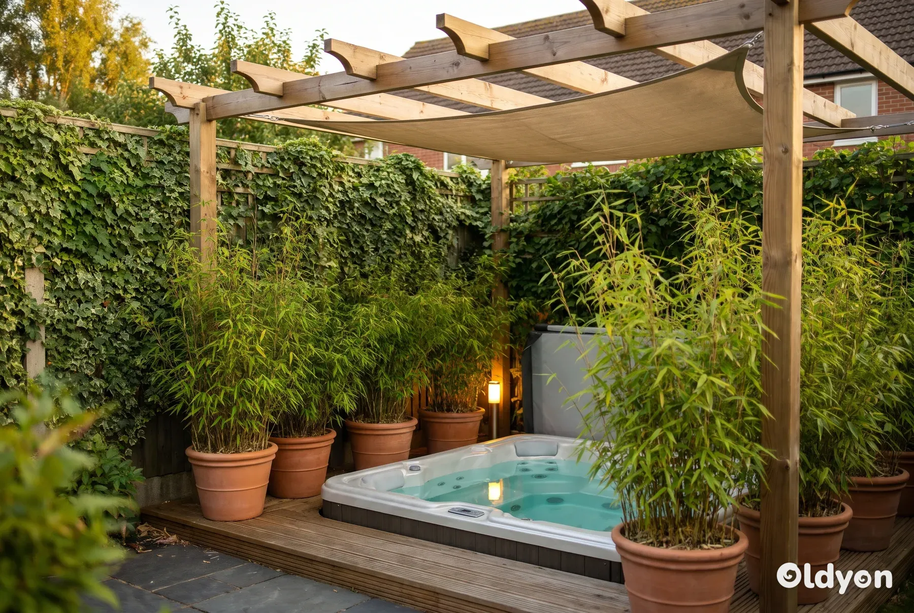 Et udespa i haven afskærmet af et skelhegn, bambus i krukker tæt på og en træpergola ovenover.