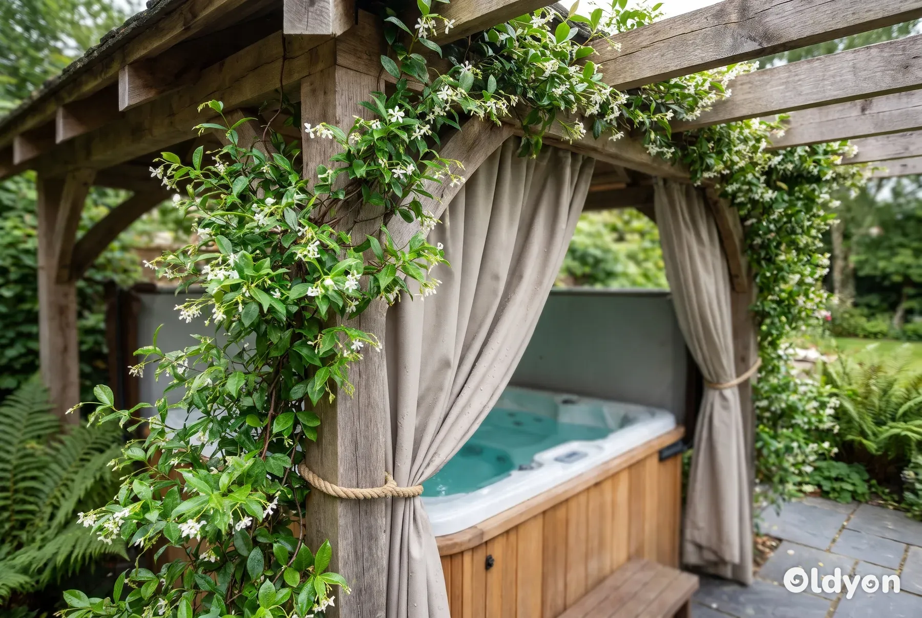Et udespa står under en træpergola draperet med klatrejasmin med vandtætte udendørsgardiner bundet til side.