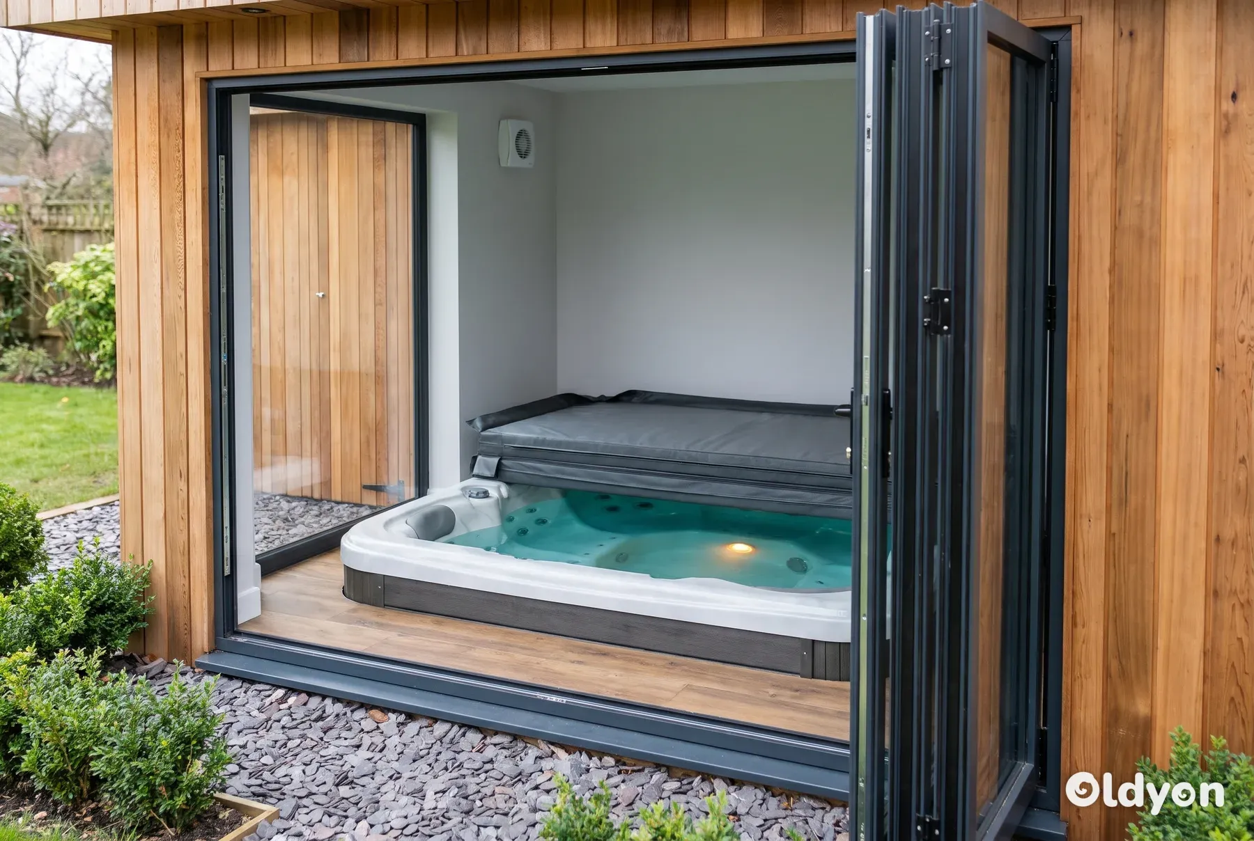 Et udespa med hård skal står inde i et moderne havehus i træ med foldørene helt åbne.