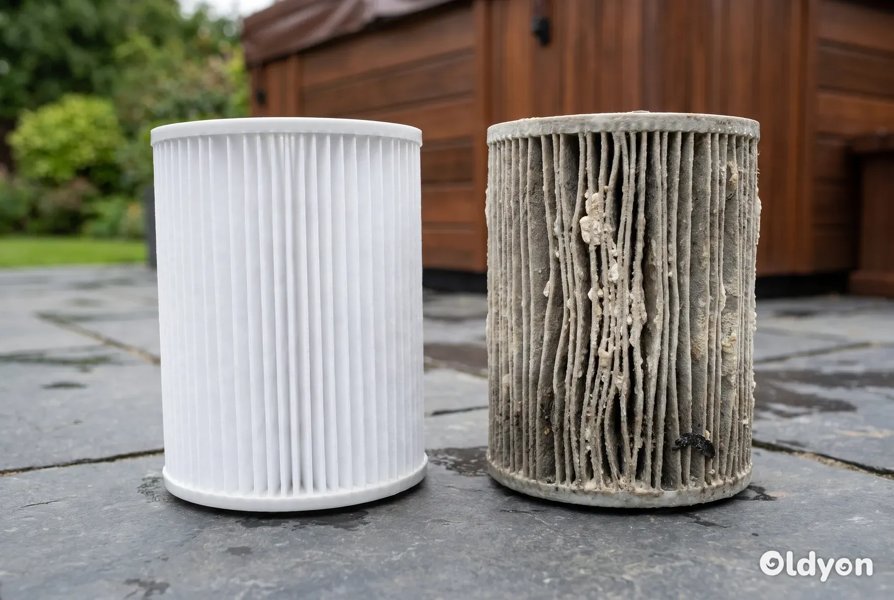 To spafiltre ligger side om side på terrassefliser af skifer, hvor det ene er rent og det andet er beskidt.