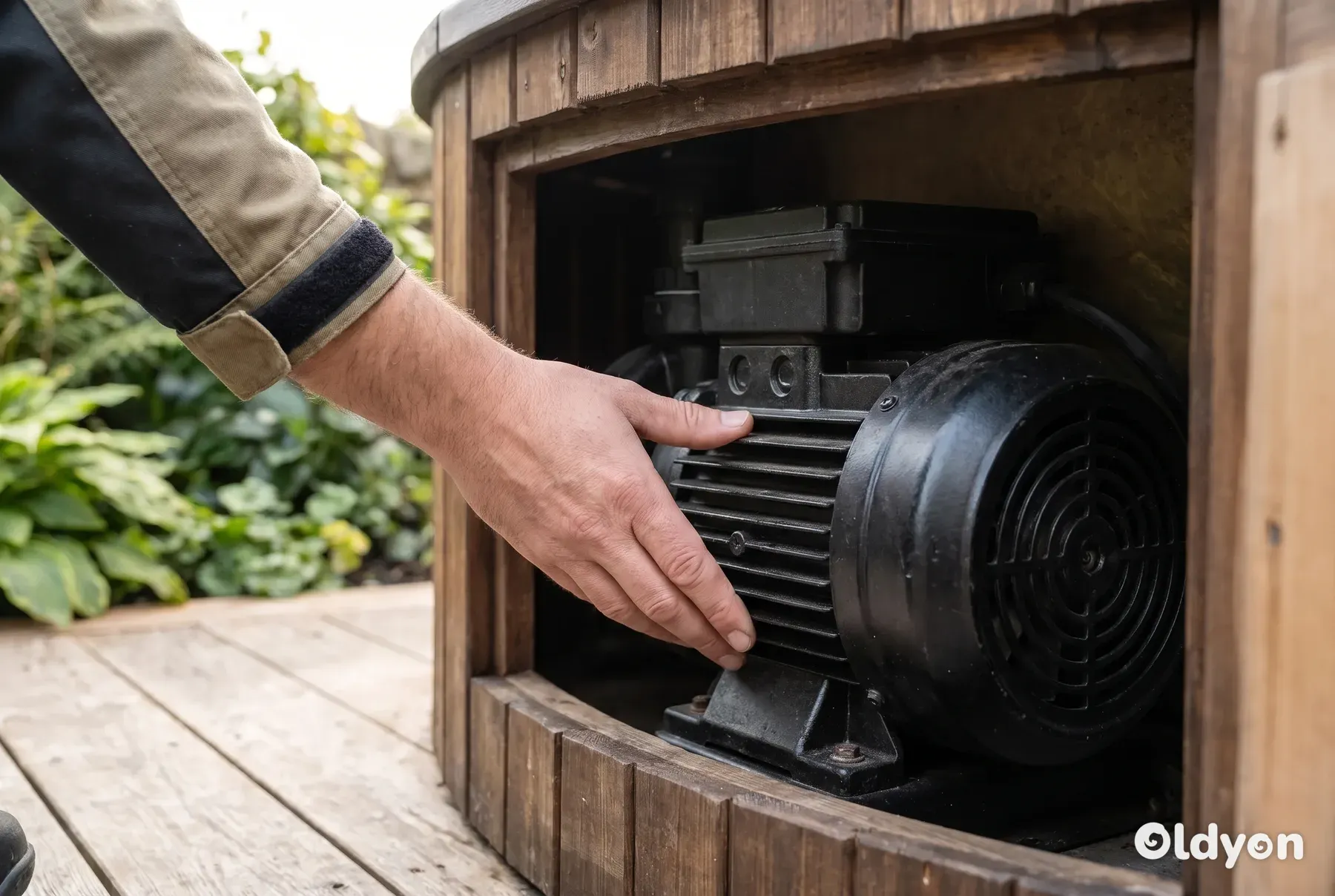 En hånd tjekker forsigtigt temperaturen på en sort pumpemotor til et spabad inde i et åbent teknikrum.