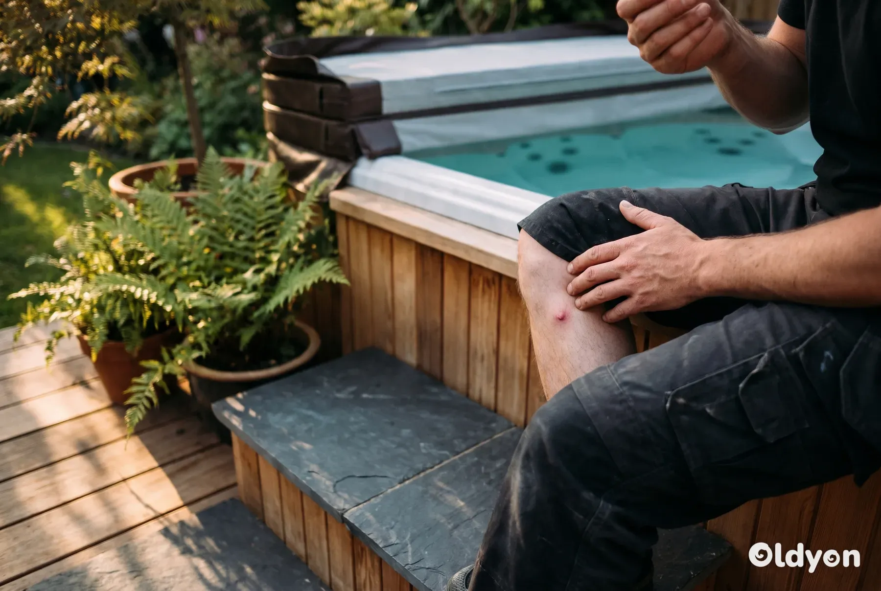Een persoon die op een leistenen trede bij een hottub zit en zorgvuldig een klein bultje op het been inspecteert.