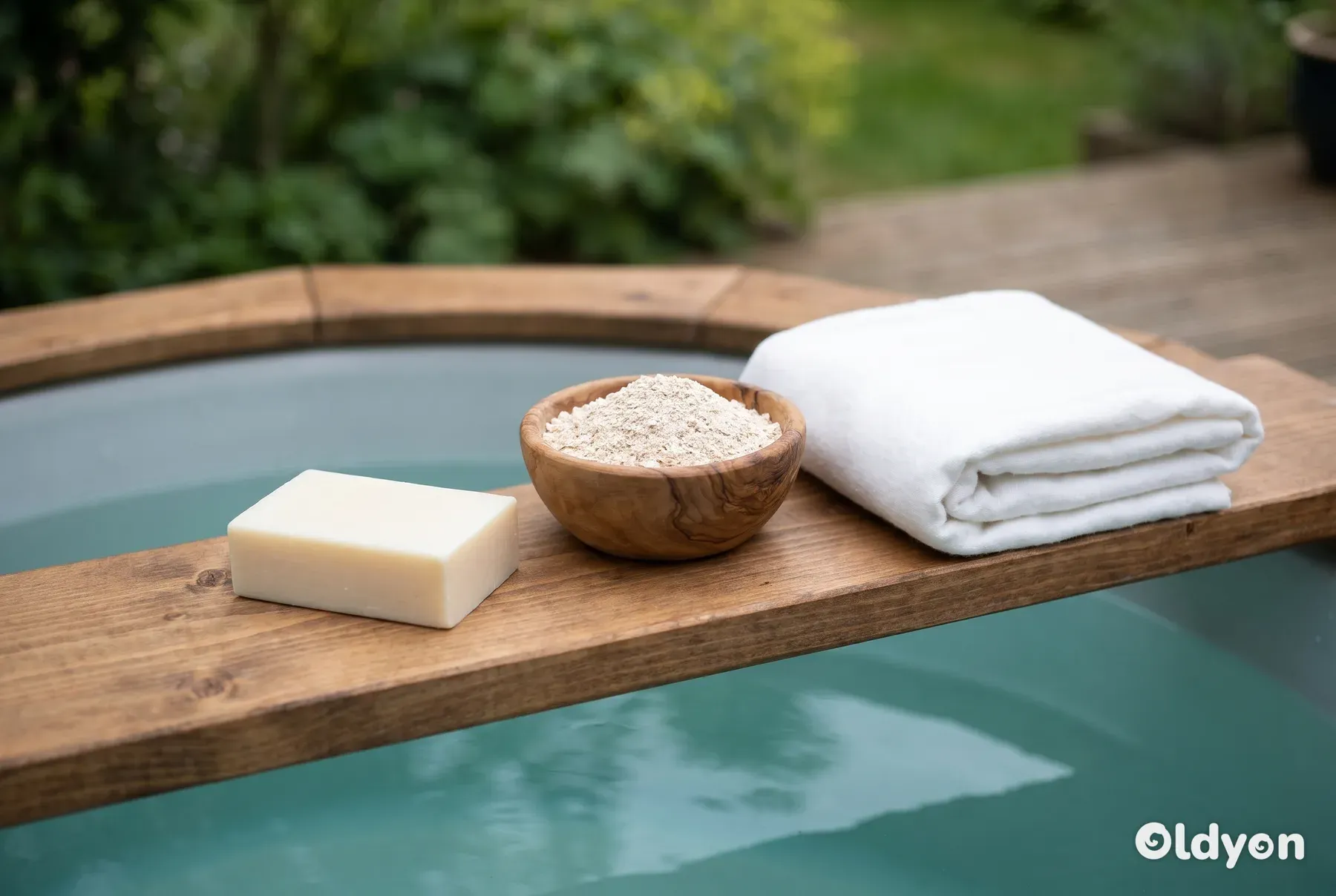 Een eenvoudig stuk zeep, een kom gemalen havermout en een opgevouwen washandje op een houten plank.
