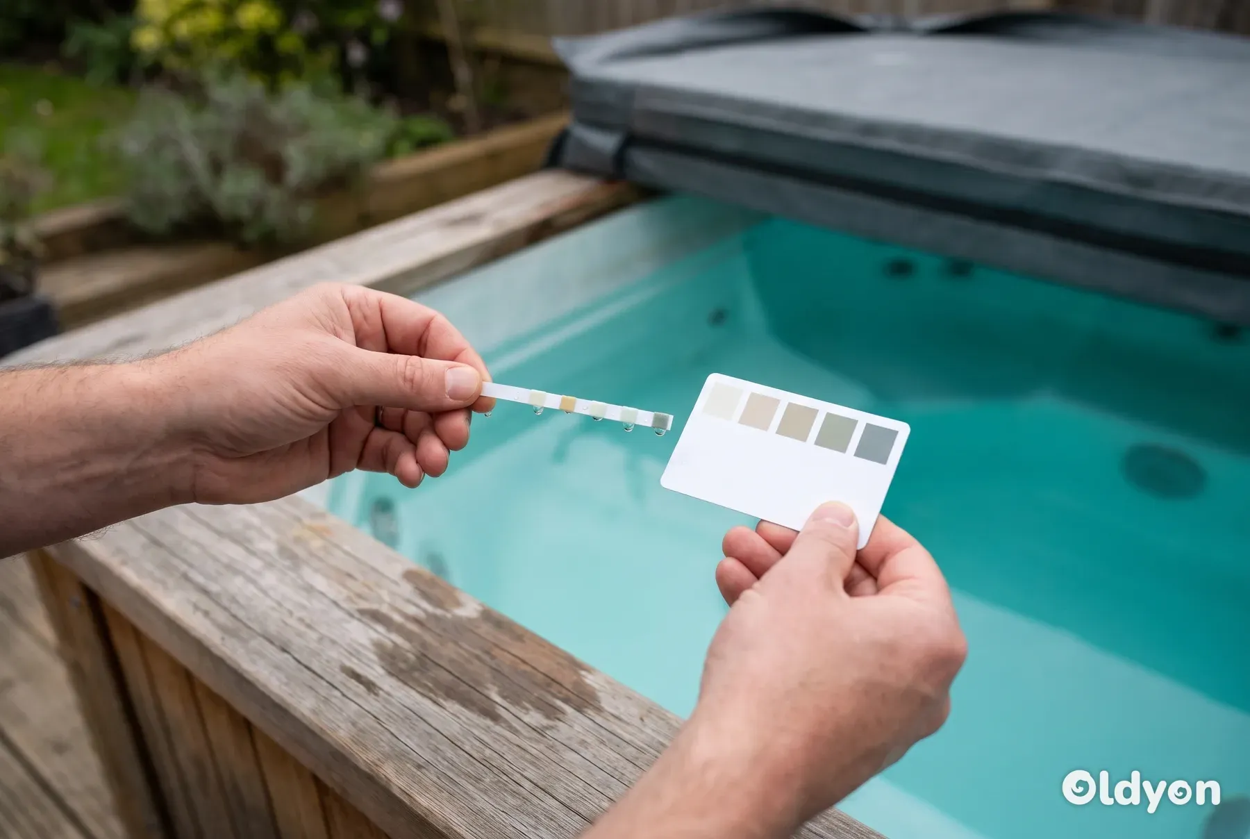 Een hand die een natte teststrip boven hottubwater houdt, naast eenvoudige kleurstalen.