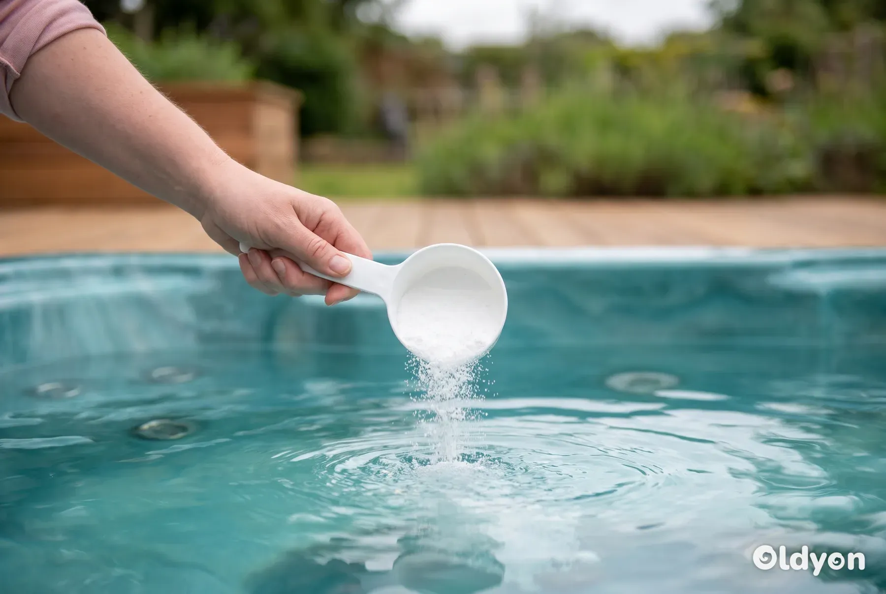 En hånd heller vanlig hvitt kjemikaliegranulat fra en liten plastøse i klart spabadvann.