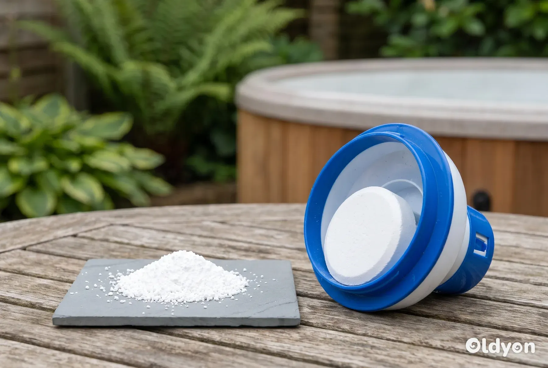 Hvidt desinfektionsgranulat på en glasbakke af skifer ligger ved siden af en flydedispenser med en fast tablet.