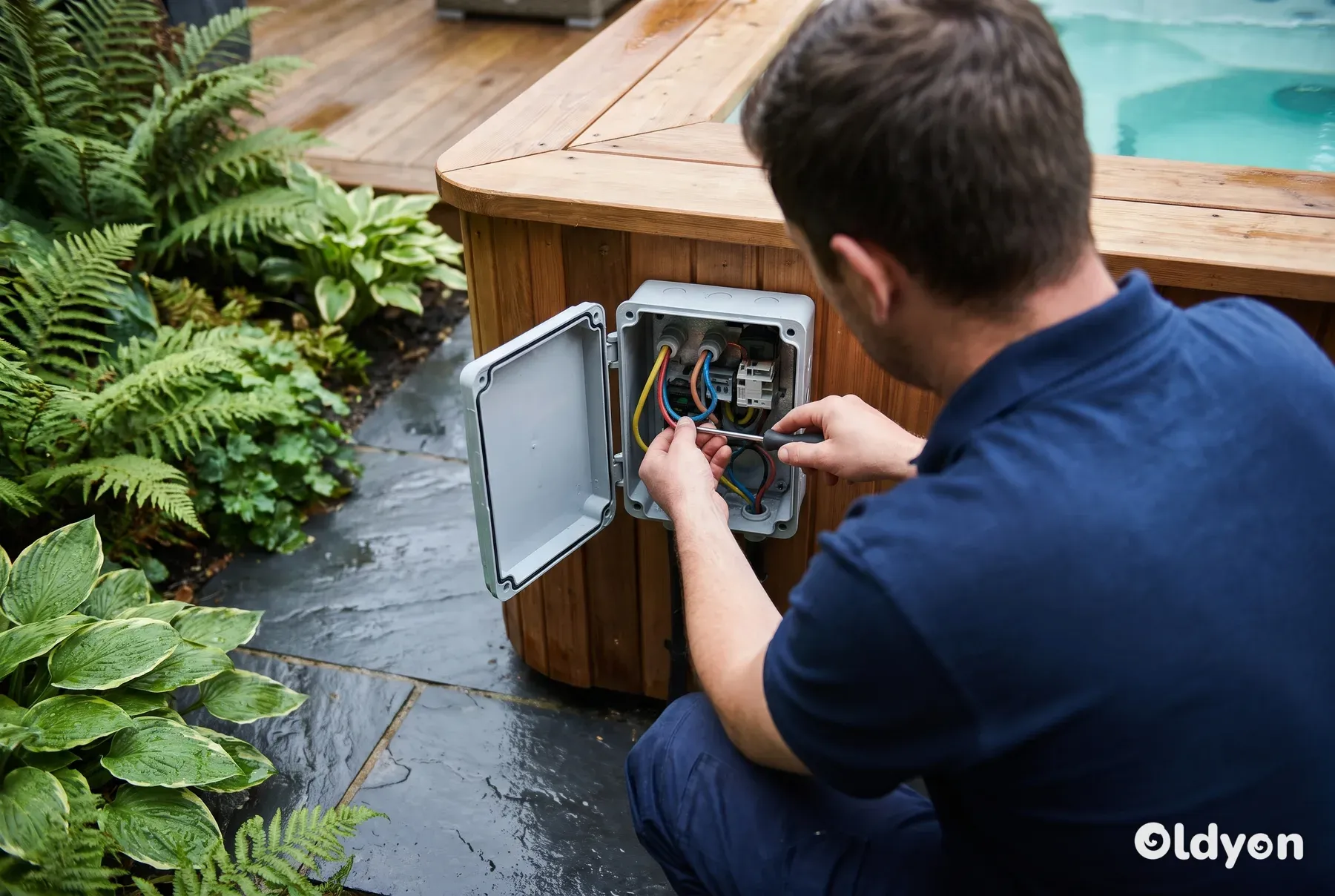 En elektriker sett bakfra som jobber forsiktig med ledningene inne i en åpen kontrollboks til et boblebad.