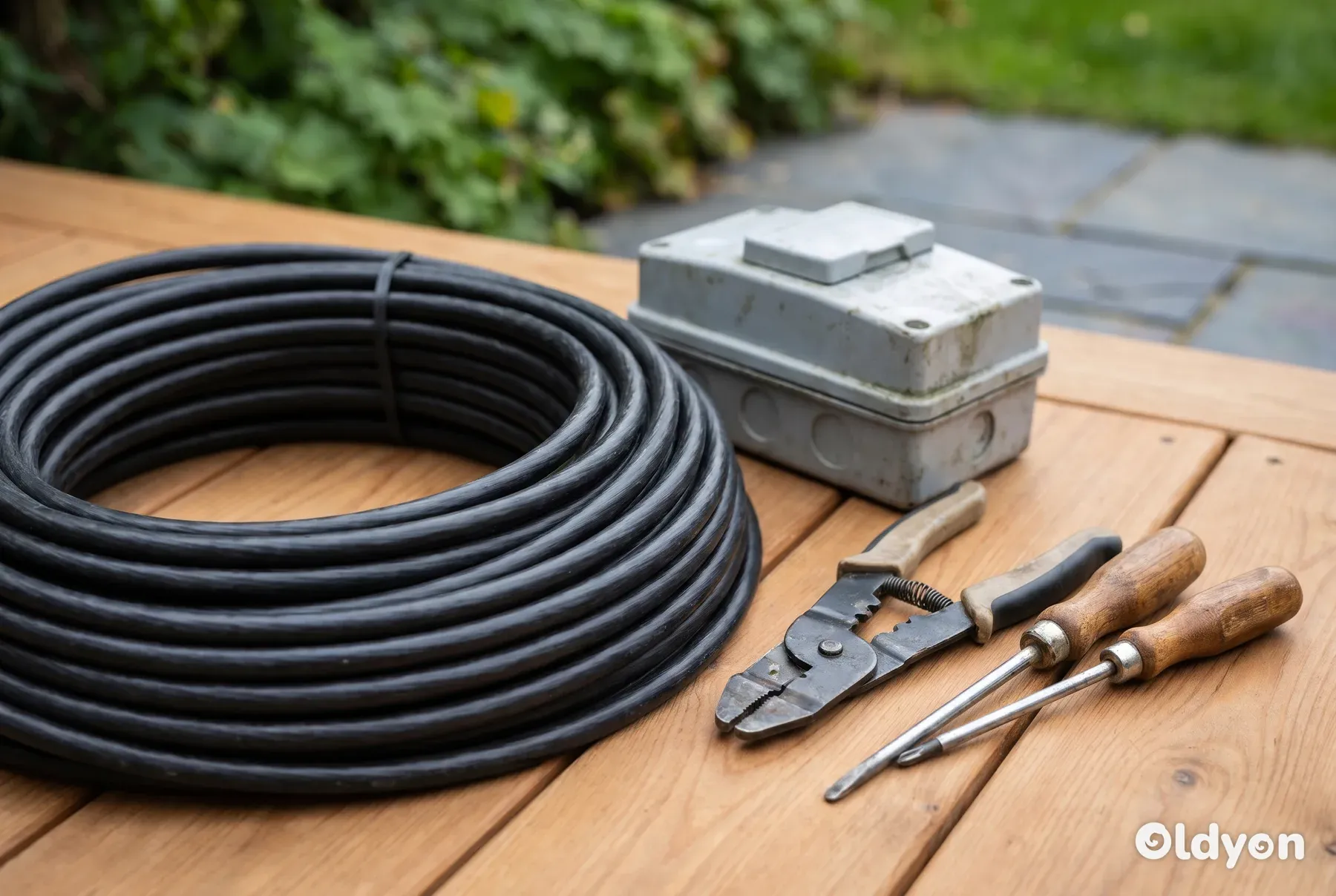Elektriske installationsmaterialer, herunder armeret kabel, en vejrbestandig sikkerhedsafbryder og håndværktøj, lagt ud på en træterrasse.