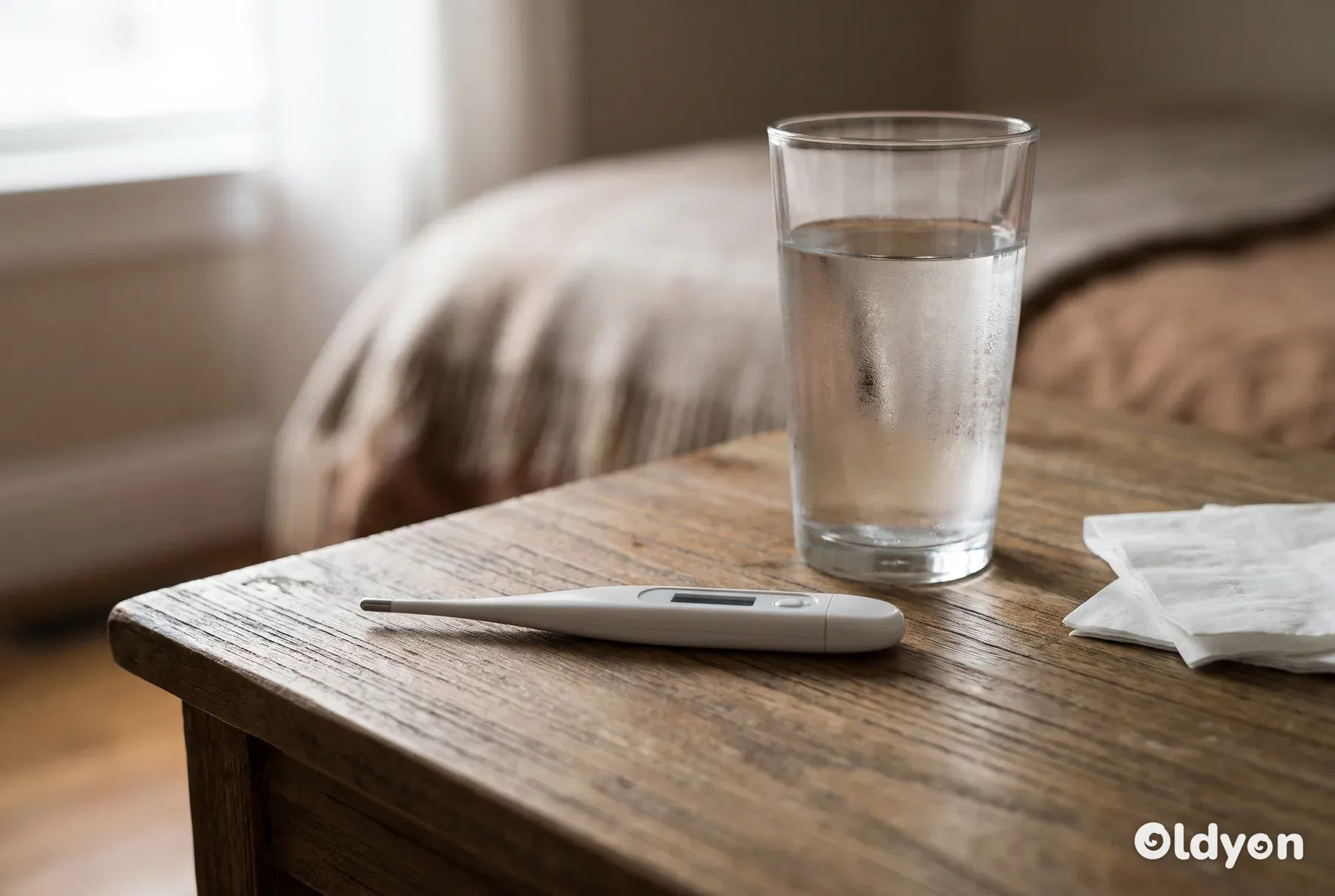 Et enkelt digitalt termometer og et glas vand står på et natbord af træ.