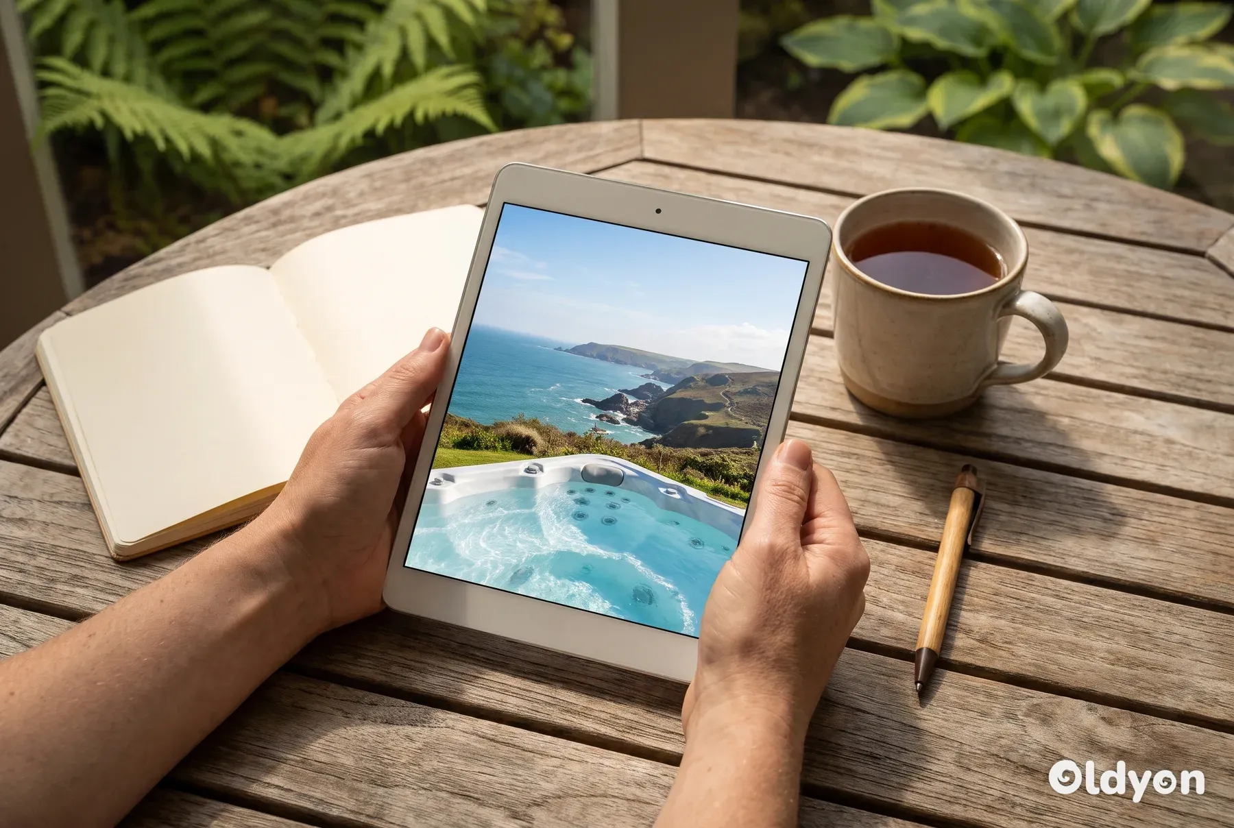 Kädet pitelevät tablettia, jolla näkyy kuva rannikon ulkoporealtaasta, tyhjän muistikirjan ja teen vieressä.