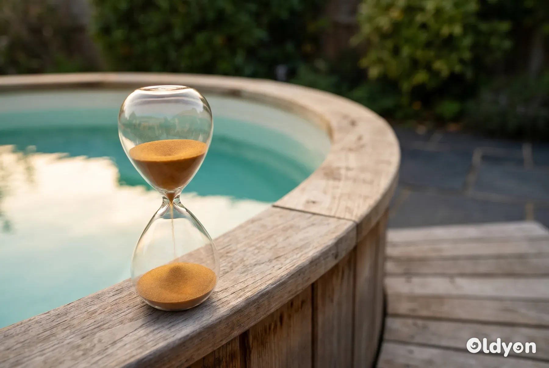 Et simpelt timeglas står på cederkanten af et spabad i haven ved siden af stille, klart vand.