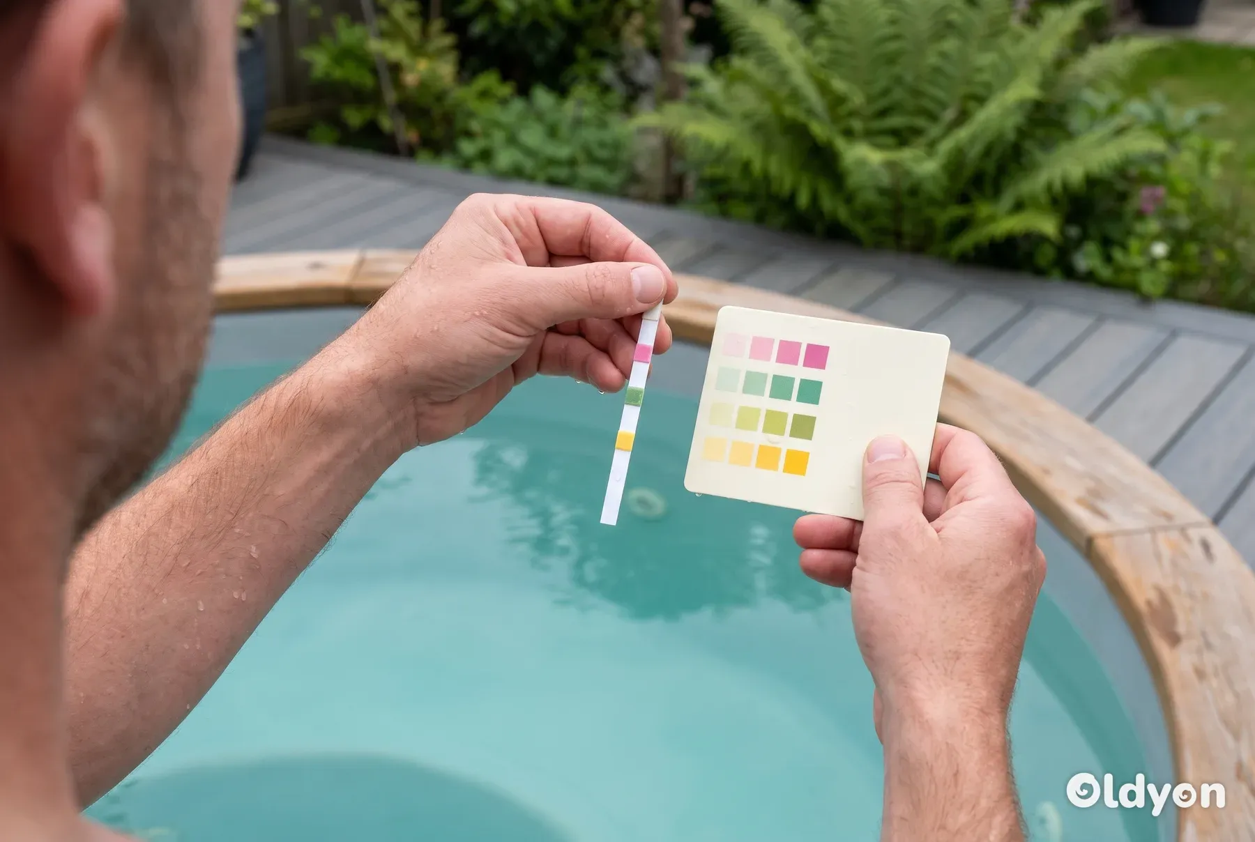 Mani che tengono una striscia reattiva bagnata con quadratini colorati accanto a una semplice tabella di confronto dei colori.