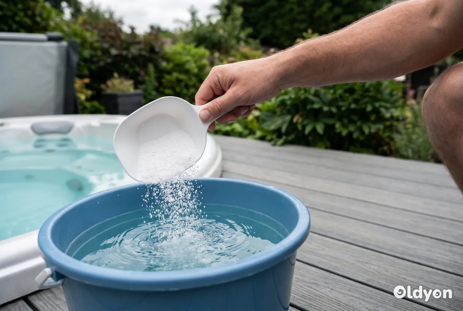 Una mano che tiene un piccolo misurino di granuli bianchi sopra un secchio blu d'acqua su una pavimentazione in composito.