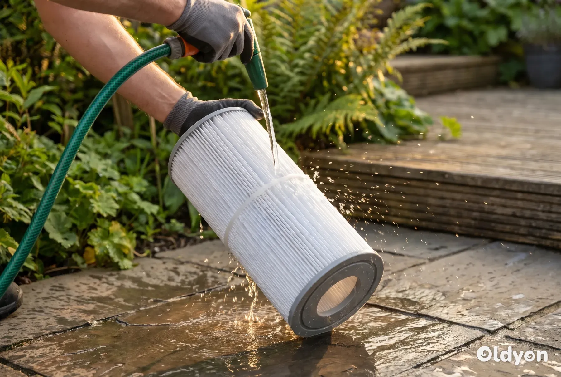 Mani che usano un tubo da giardino per spruzzare acqua tra le pieghe di una cartuccia filtrante per vasca idromassaggio.