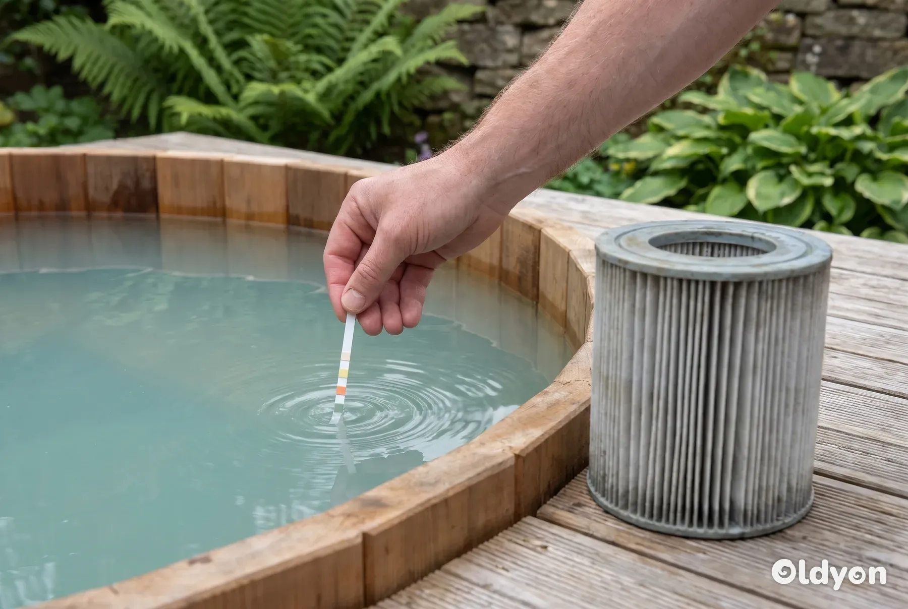 Una mano che immerge una striscia reattiva nell'acqua leggermente torbida della vasca idromassaggio con un filtro usato nelle vicinanze.