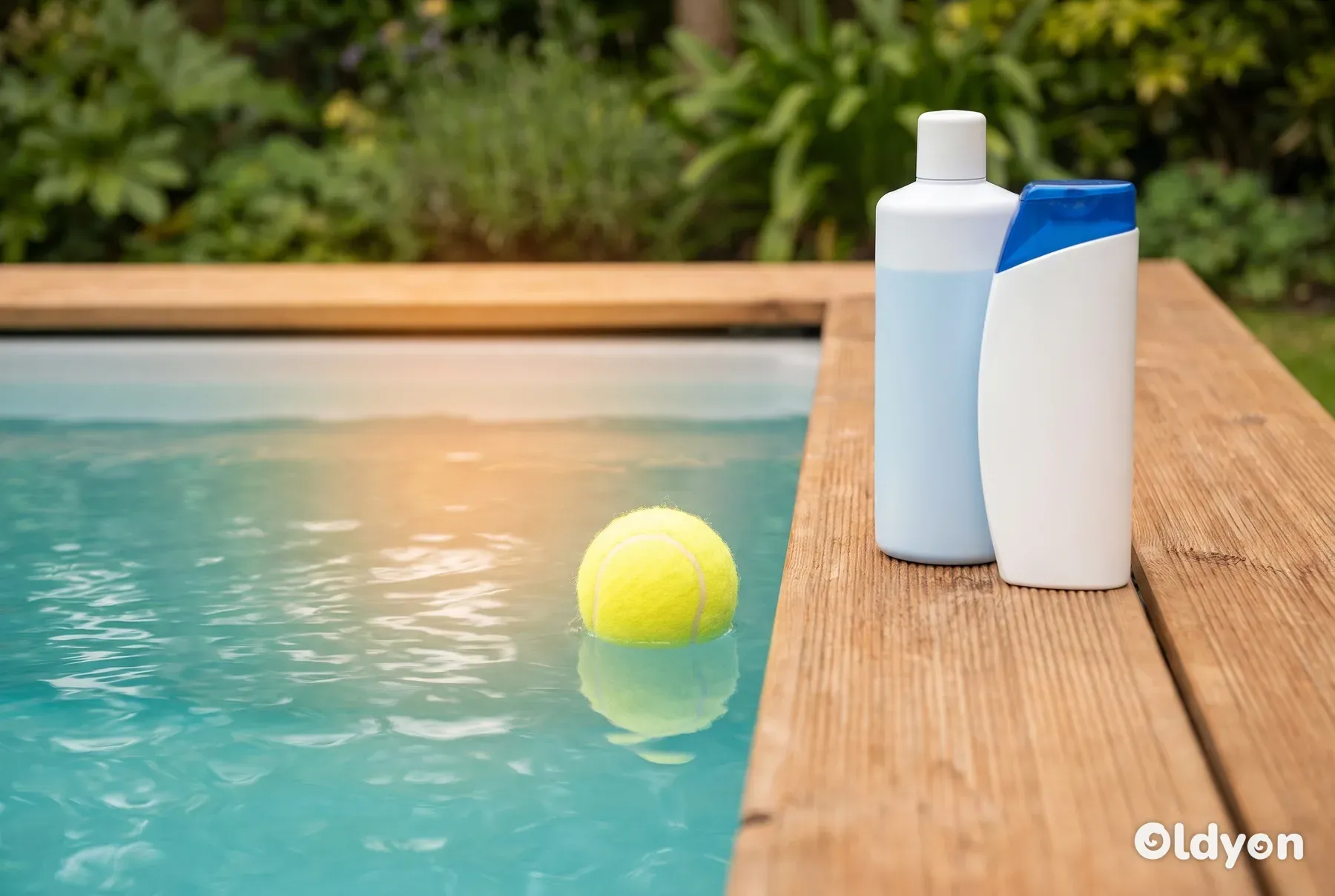 Una pallina da tennis gialla pulita che galleggia nell'acqua limpida della vasca idromassaggio vicino a semplici flaconi senza etichetta.
