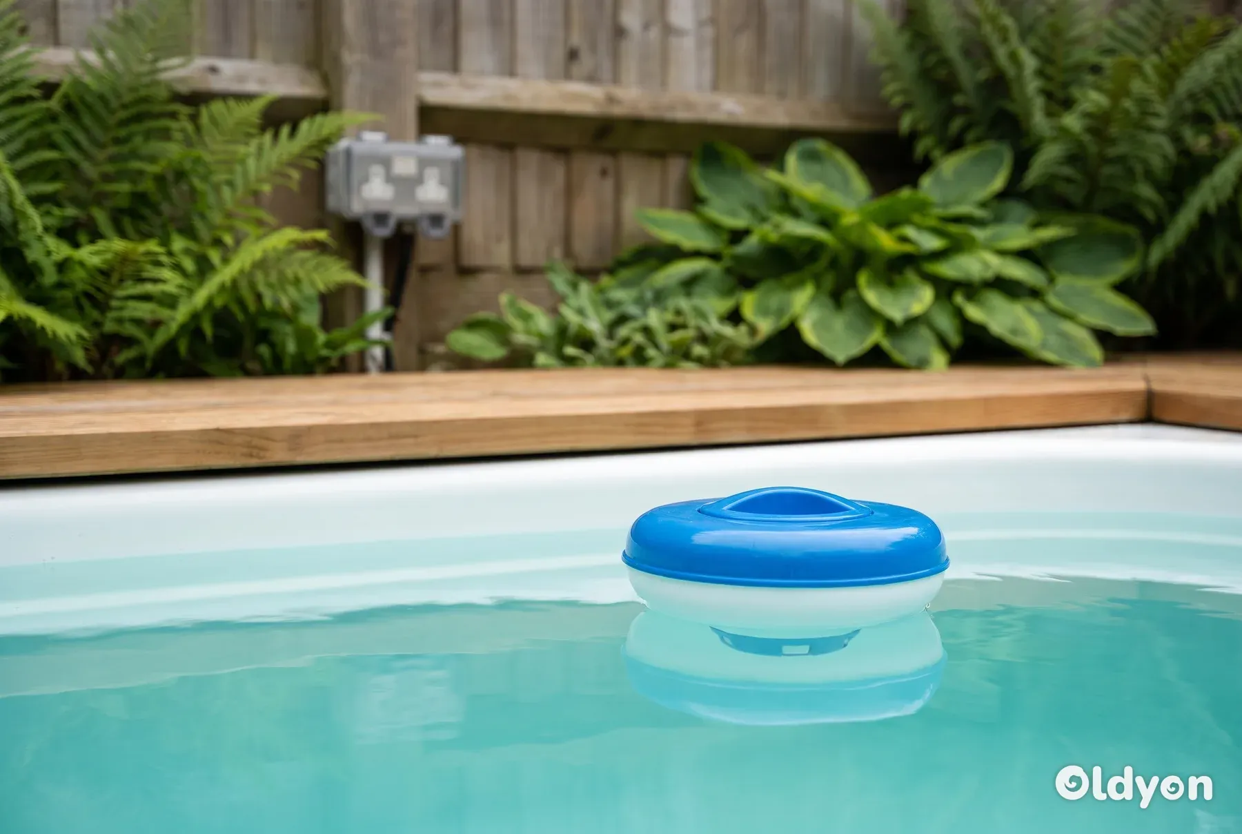 Un semplice dosatore galleggiante per prodotti chimici blu e bianco che ondeggia sulla superficie dell'acqua limpida della vasca idromassaggio.