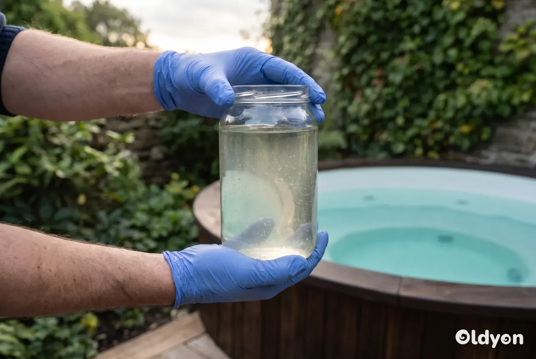 Handskeklædte hænder holder en gennemsigtig glasbeholder med grumset vand op for at undersøge dets klarhed.