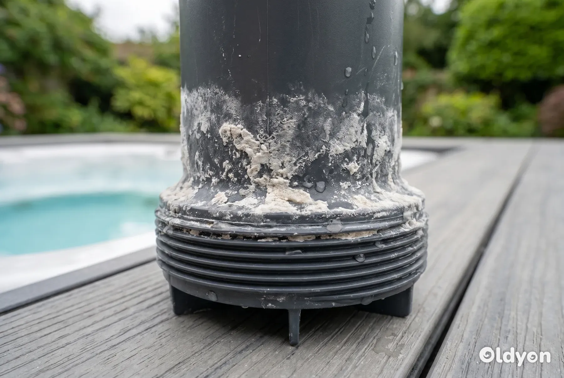 Et nærbilde av et spabadfilter som ligger på et terrassegulv, med plastgjenger dekket av hvitt kalkbelegg.