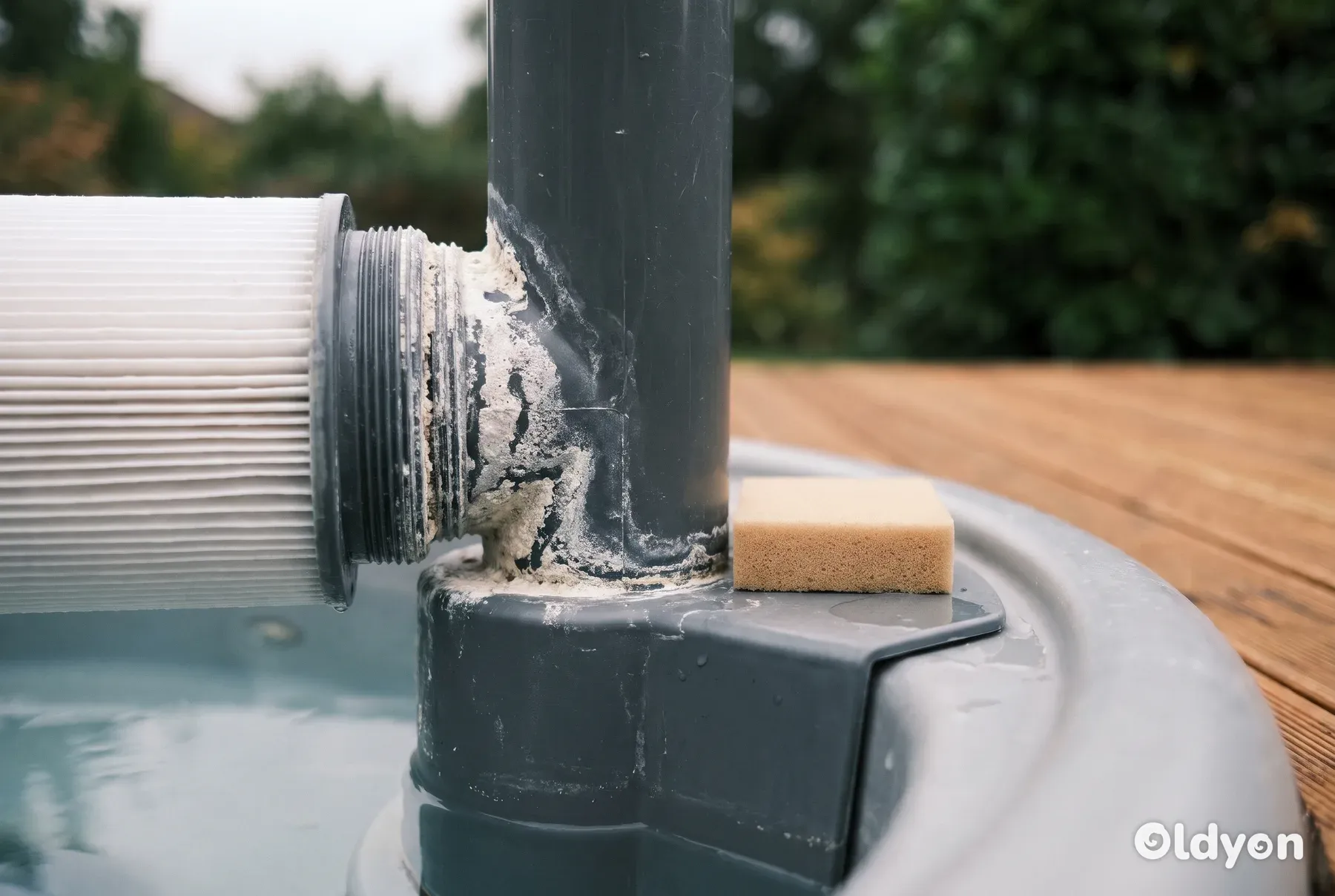 Et nærbilde av et hvitt spabadfilter som viser kalkbelegg rundt den grå plastbunnen.
