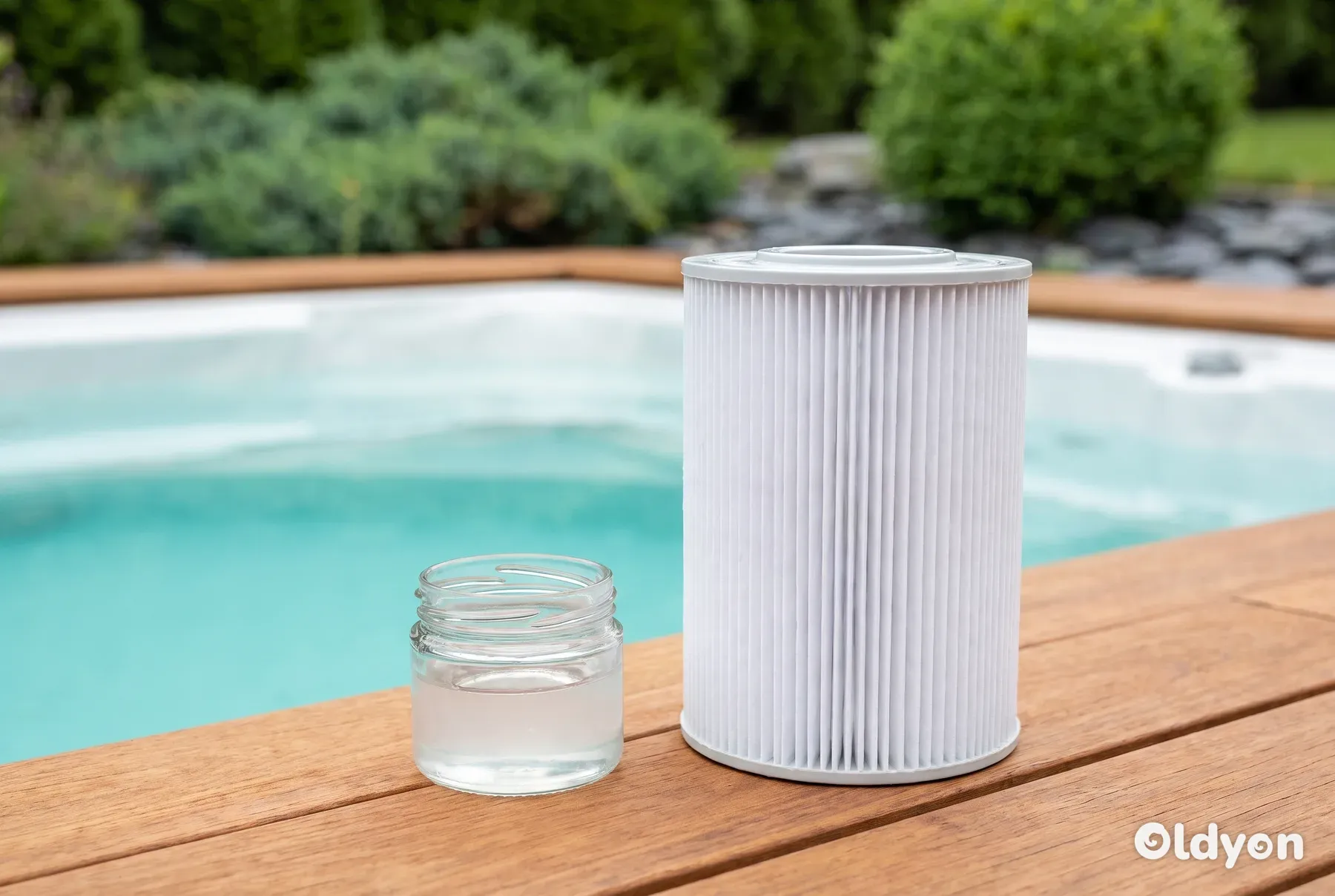 Et rent, hvitt spabadfilter som står på en treterrasse ved siden av en liten krukke med blankt silikonfett.