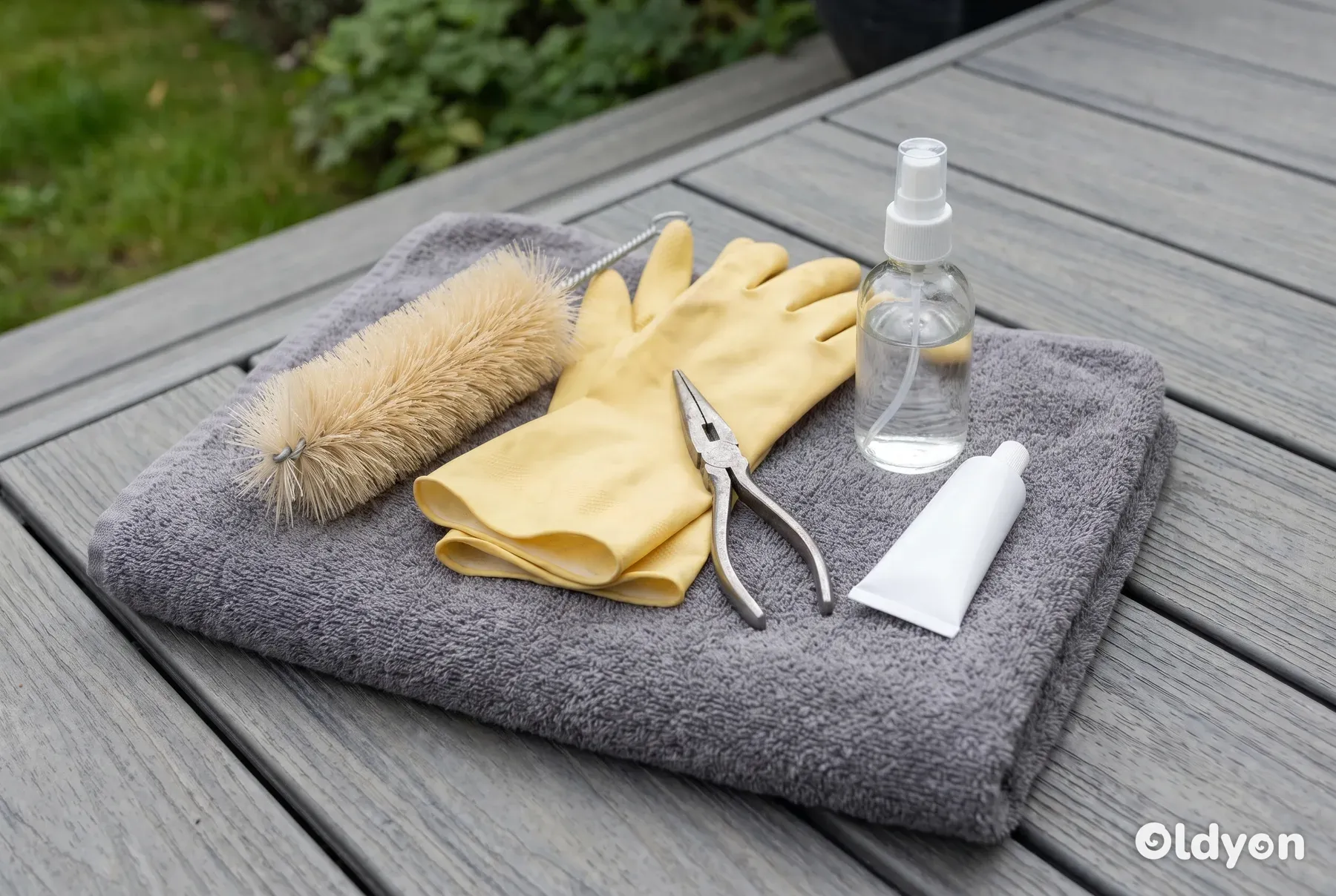Een zachte borstel, rubberen handschoenen, een tang en eenvoudige flessen met schoonmaakmiddelen netjes op een handdoek gelegd.