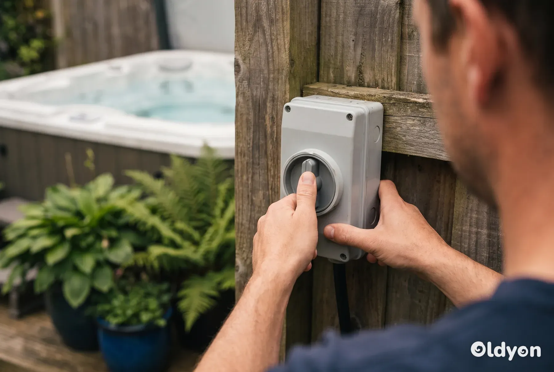 Handen die een grijze, weerbestendige elektrische werkschakelaar voor buiten op een houten schutting uitschakelen.