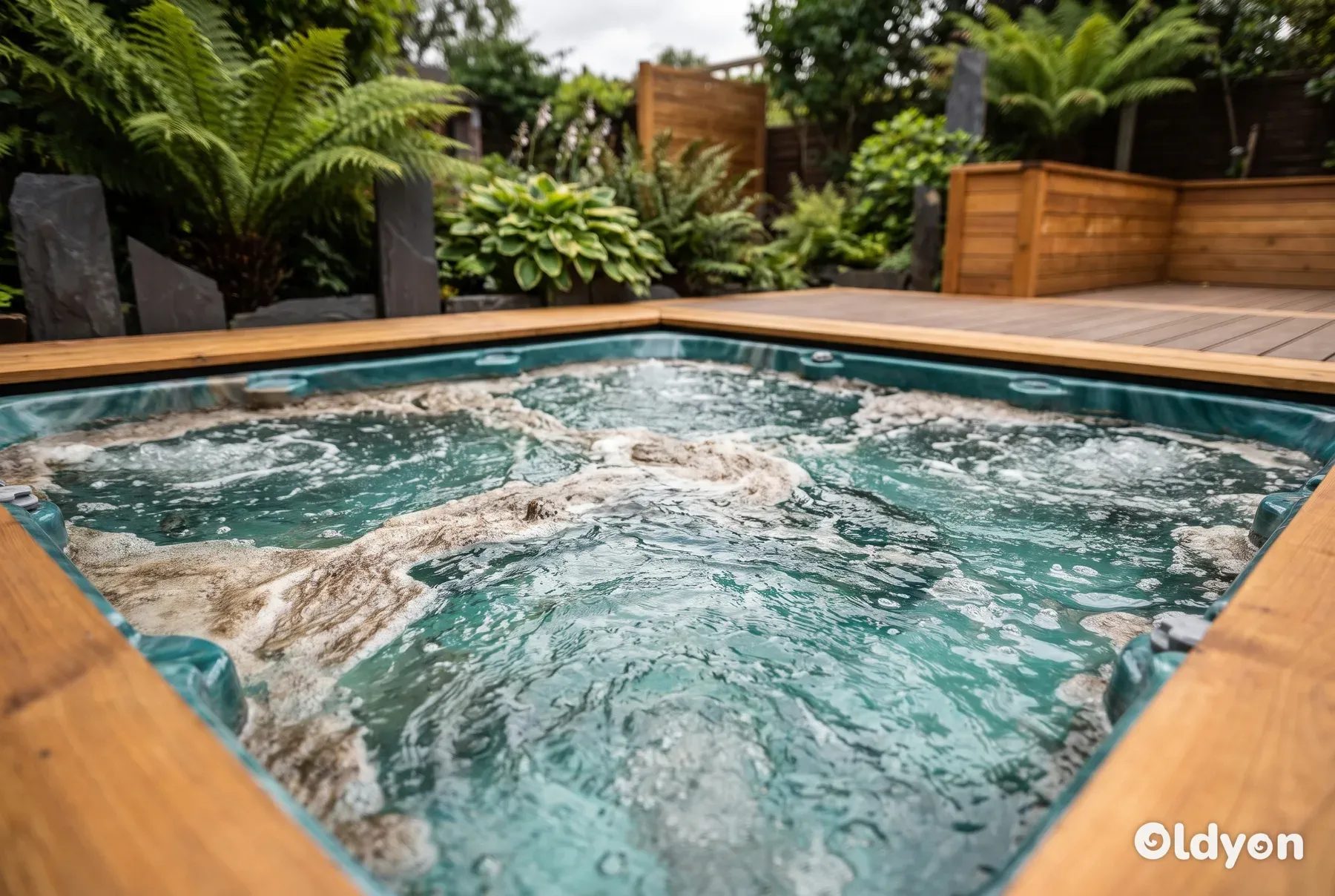 Bruingrijs schuim dat op het oppervlak van circulerend hot tub-water drijft tijdens het doorspoelen van de leidingen.