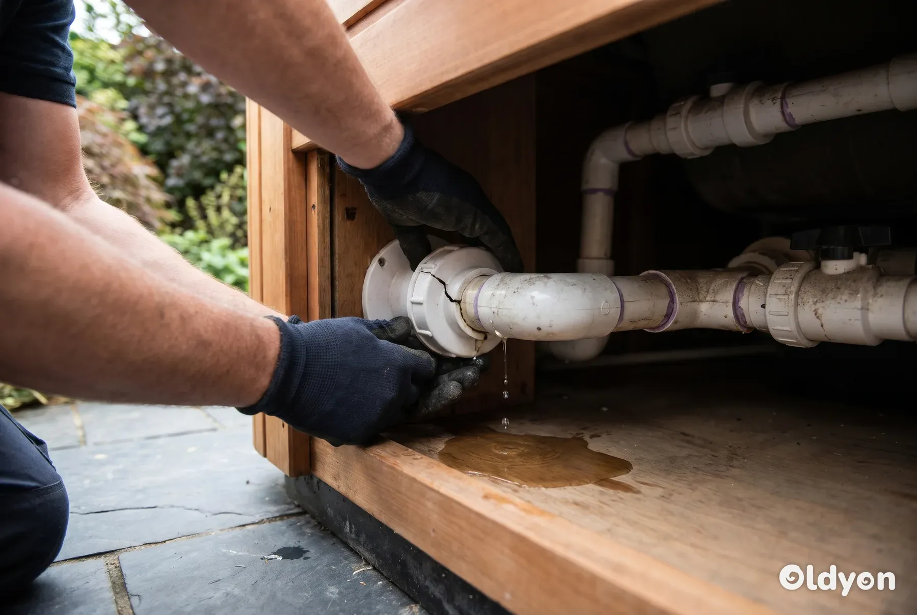 Een monteur die een gescheurde plastic leidingkoppeling en een waterlek in de omkasting van de hot tub inspecteert.